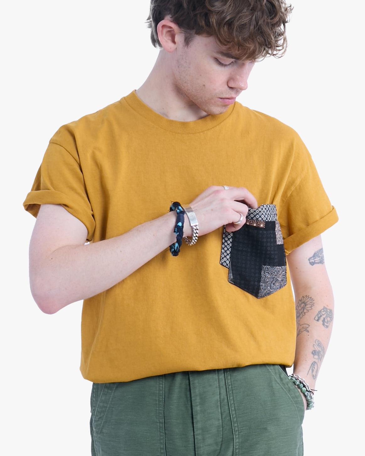 Kiriko Original Tee, 8 oz. US Made, Double Pocket Tee, Yellow, Indigo Shibori and Charcoal Patchwork Style