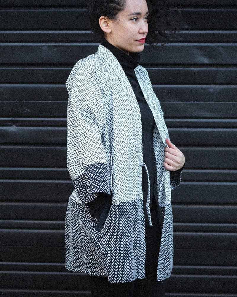 Kiriko Custom Modern Hitomezashi Dougi Jacket, Navy and White Split 02