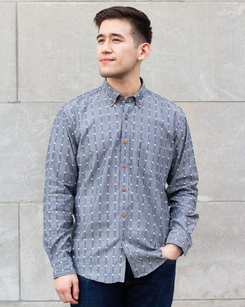 Shirt, Long Sleeve Button-Up, Grey with White 'X' Stitching