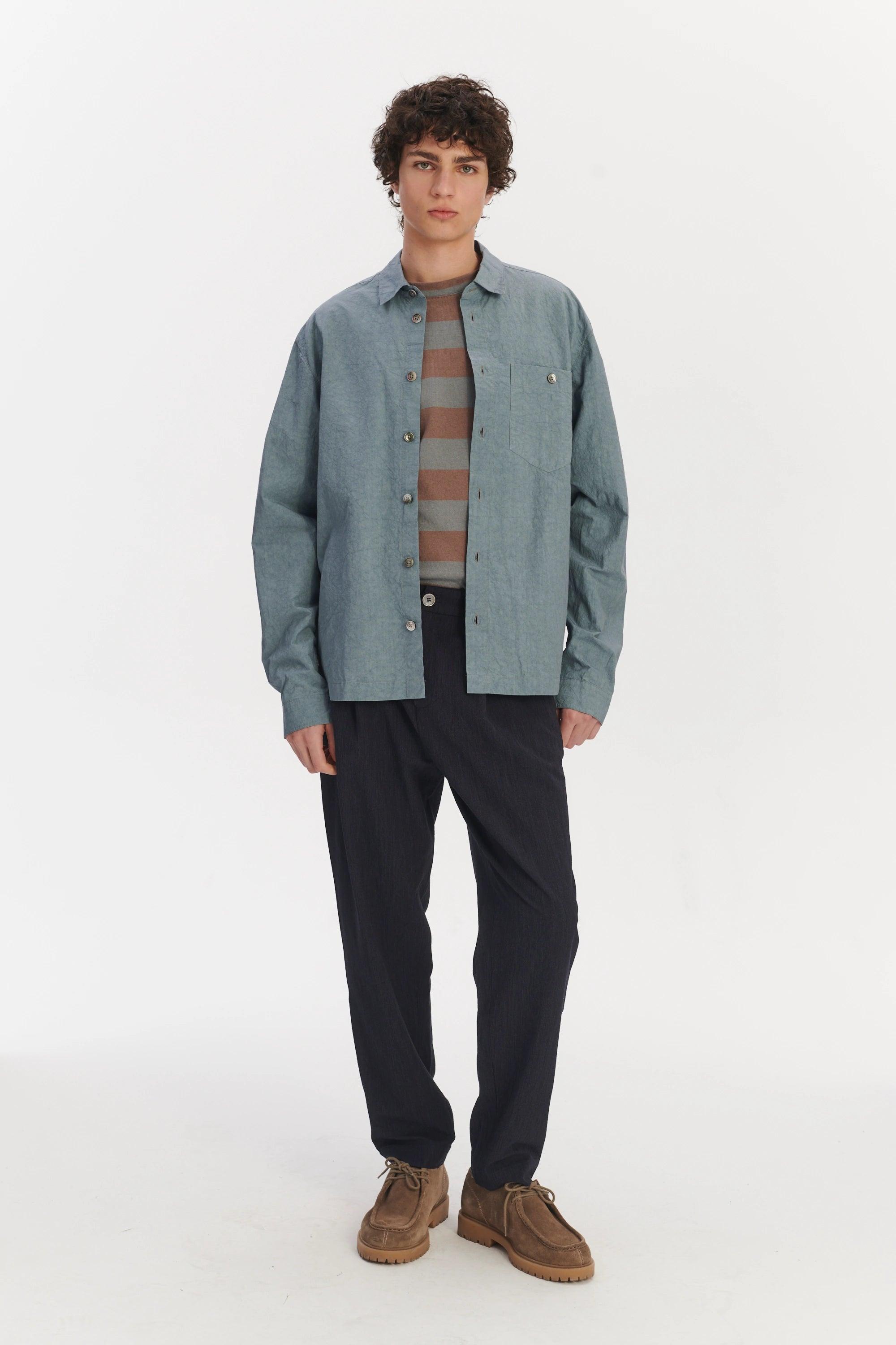 Architects Overshirt in a Pale Sky Blue Dry Japanese Cotton and Linen
