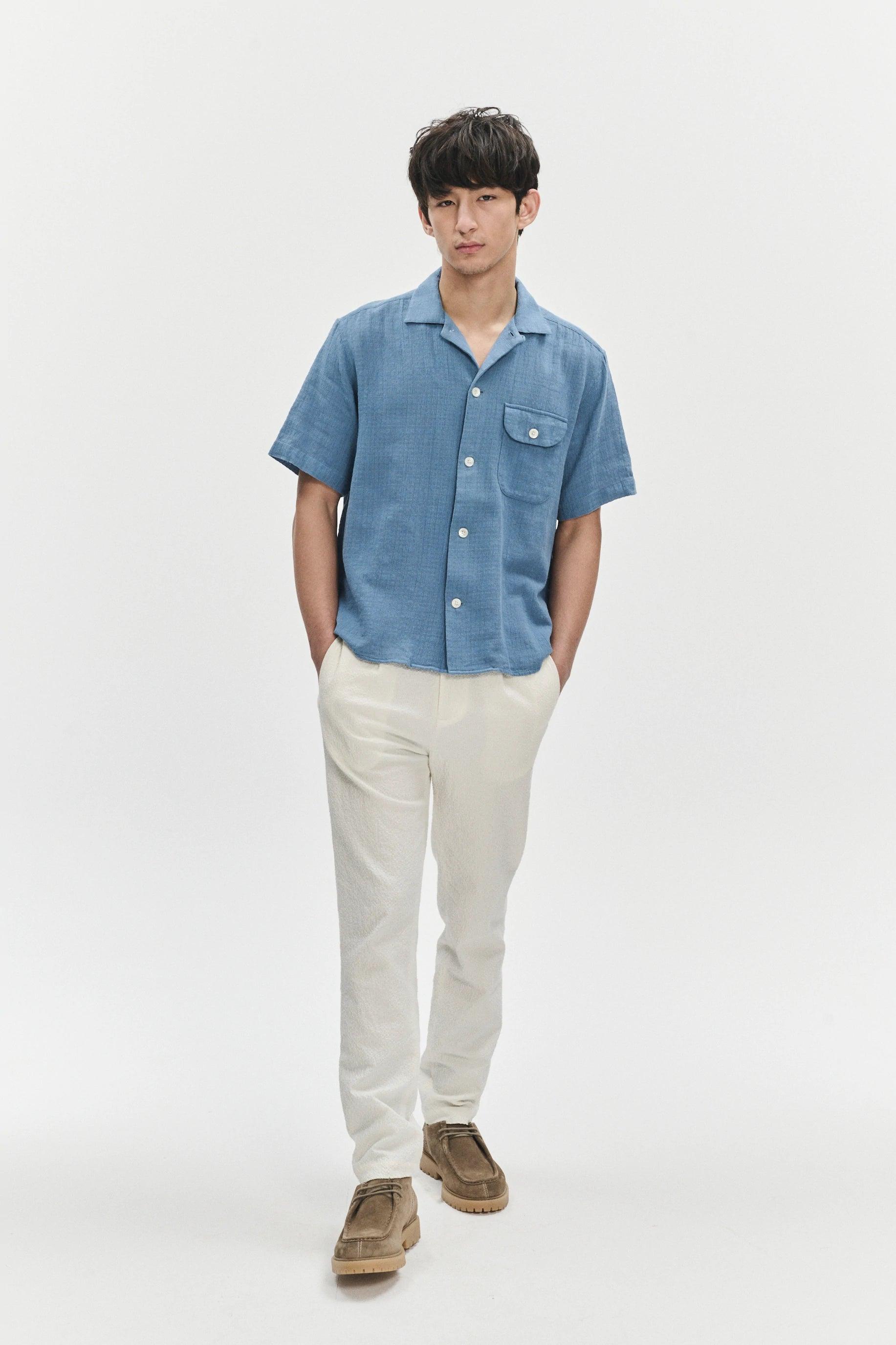 Camp Collar Shirt in a Blue Airy Structural Portuguese Cotton