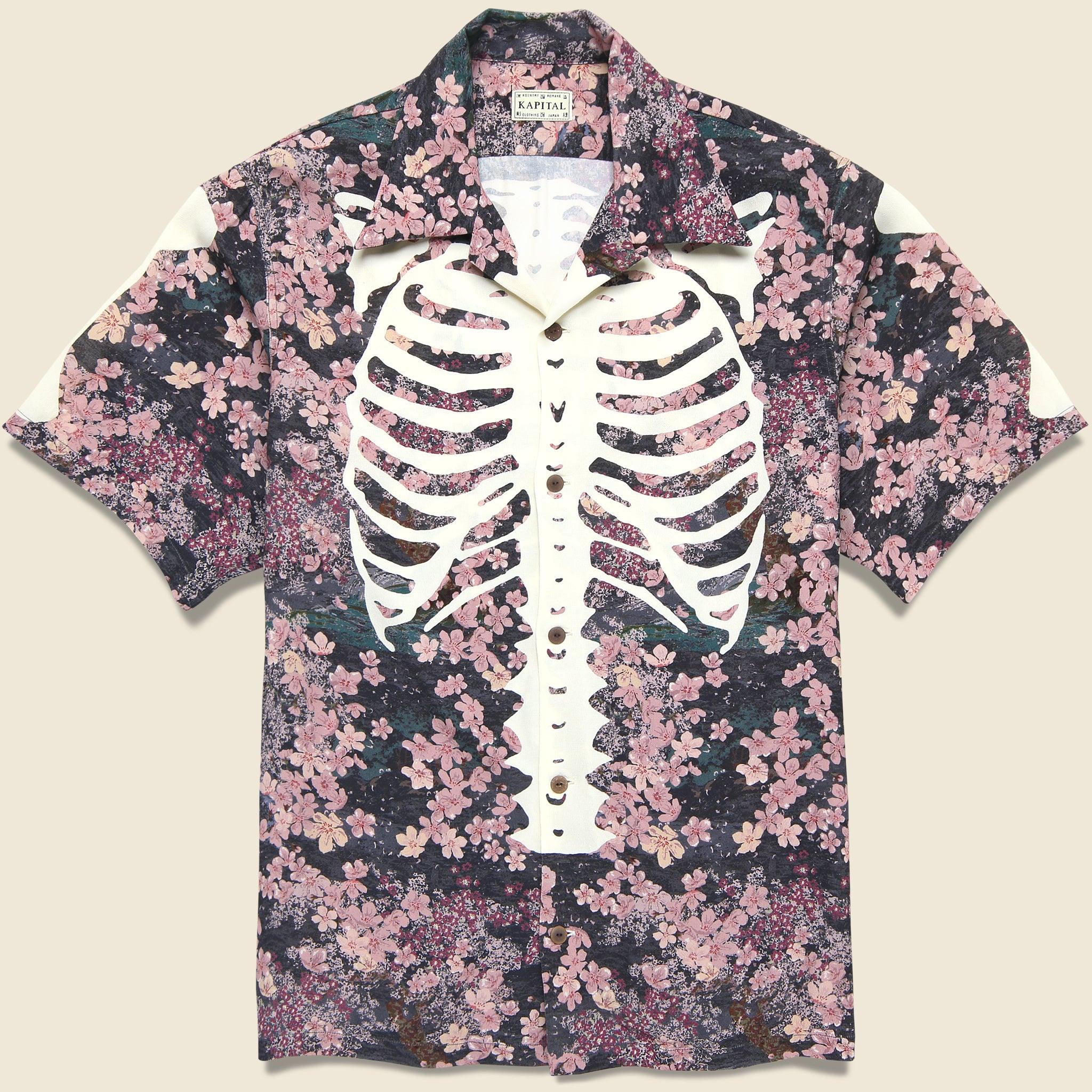 Sakura Bone Aloha Shirt - Black/Pink