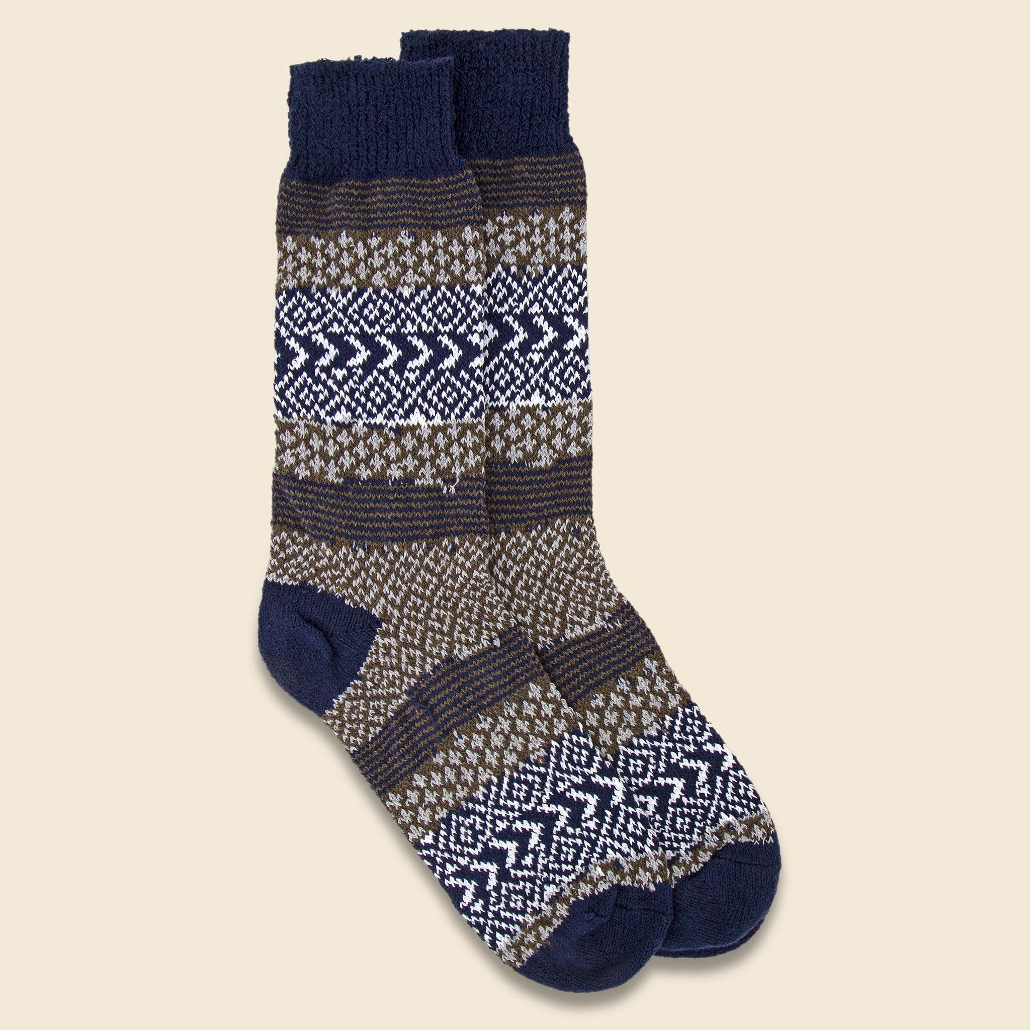 Cotton Fair Isle Crew Sock - Navy