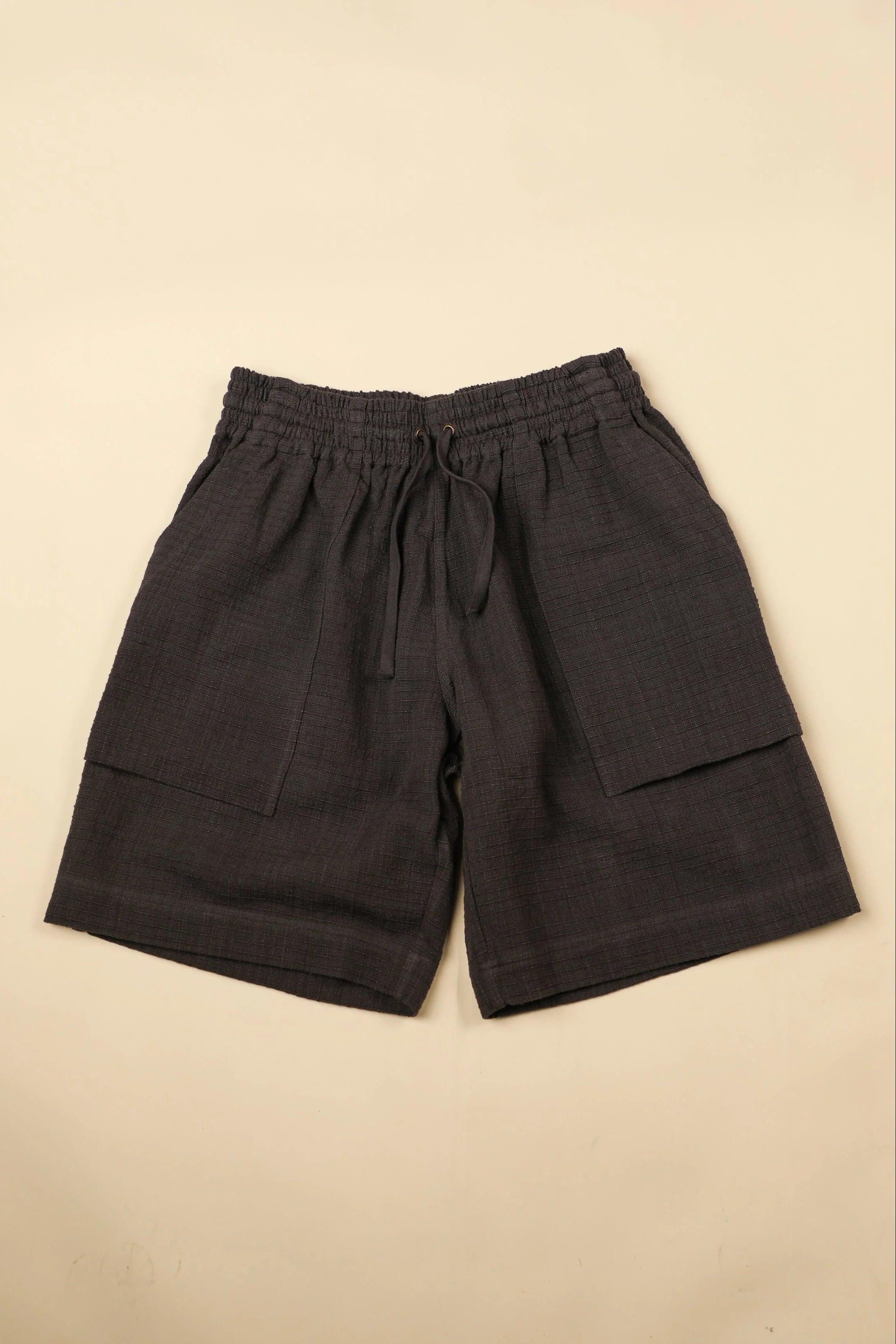 【INDI+ASH】BIG EASY SHORT - Handwoven Ripstop Smoke 鐵黑染抗撕裂軍風超寬短褲