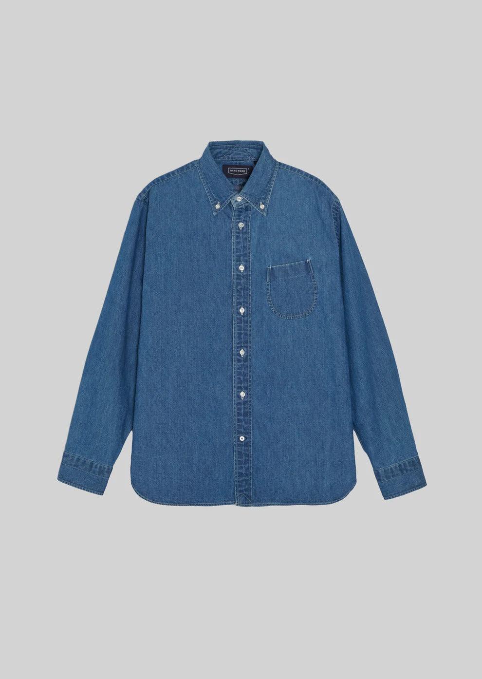 DENIM BUTTON DOWN SHIRTS 8oz LIGHT NAVY 立體領型結構水洗丹寧襯衫