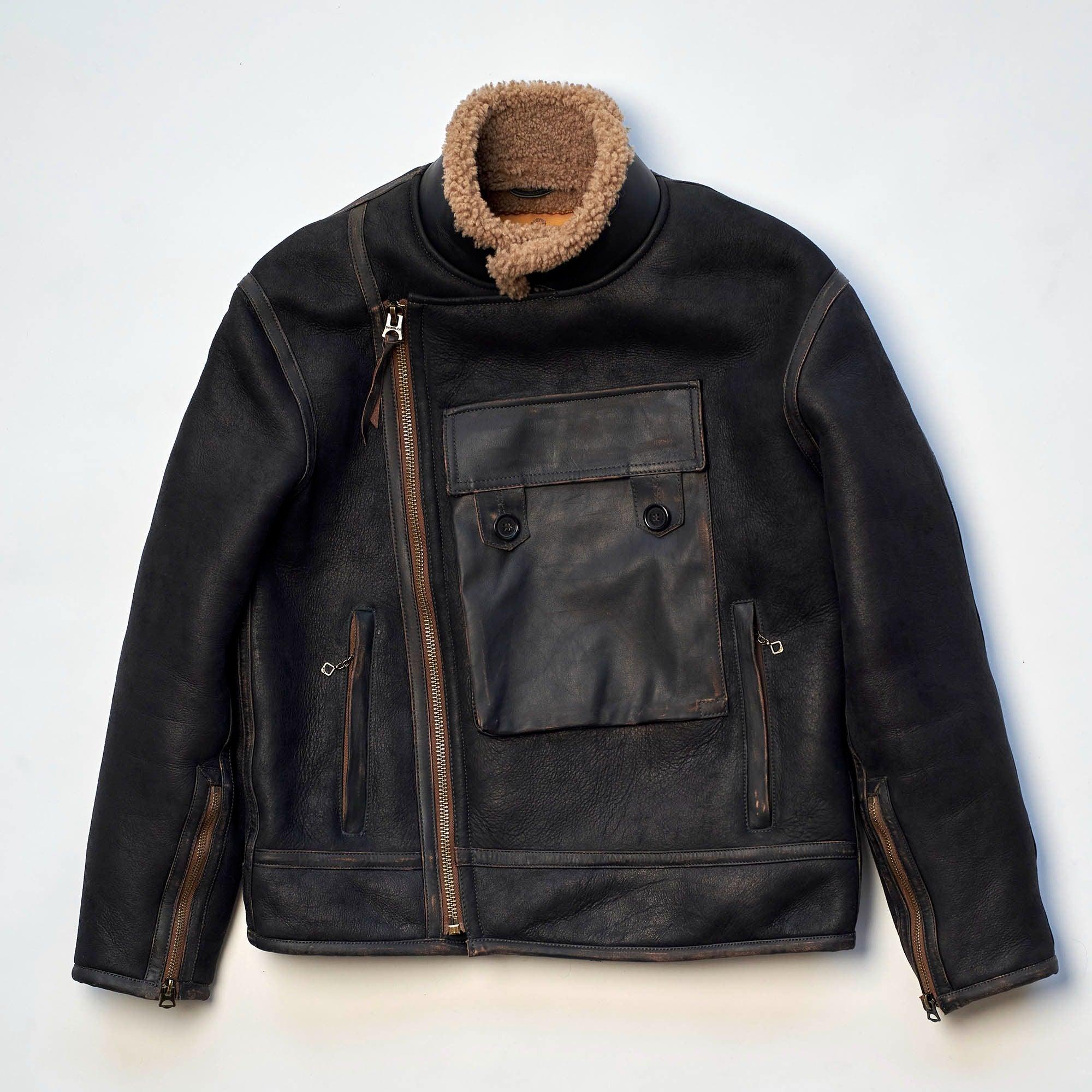 “Swedish” Vintage Black Motorcycle Shearling Jacket 手擦黑毛皮瑞典摩托車兵油布夾克