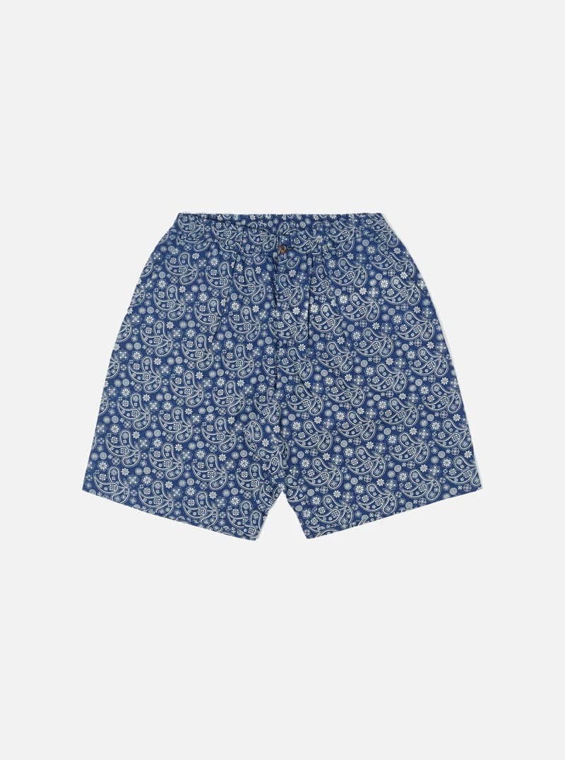 Pleated Track Short In Indigo Japanese Paisley／變形蟲藍染打摺短褲