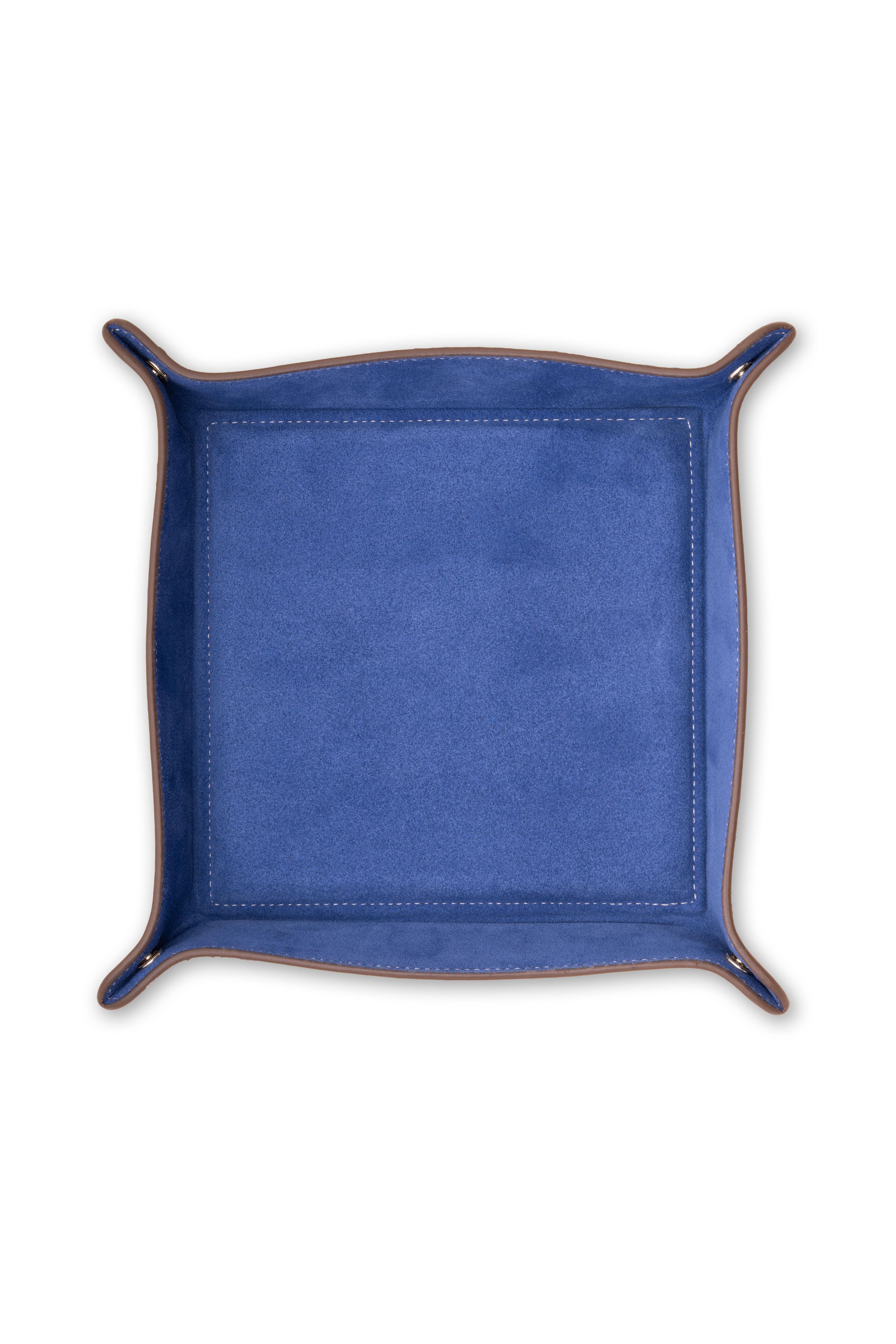Antique Mahogany & Blue Leather Catchall Travel Valet Tray