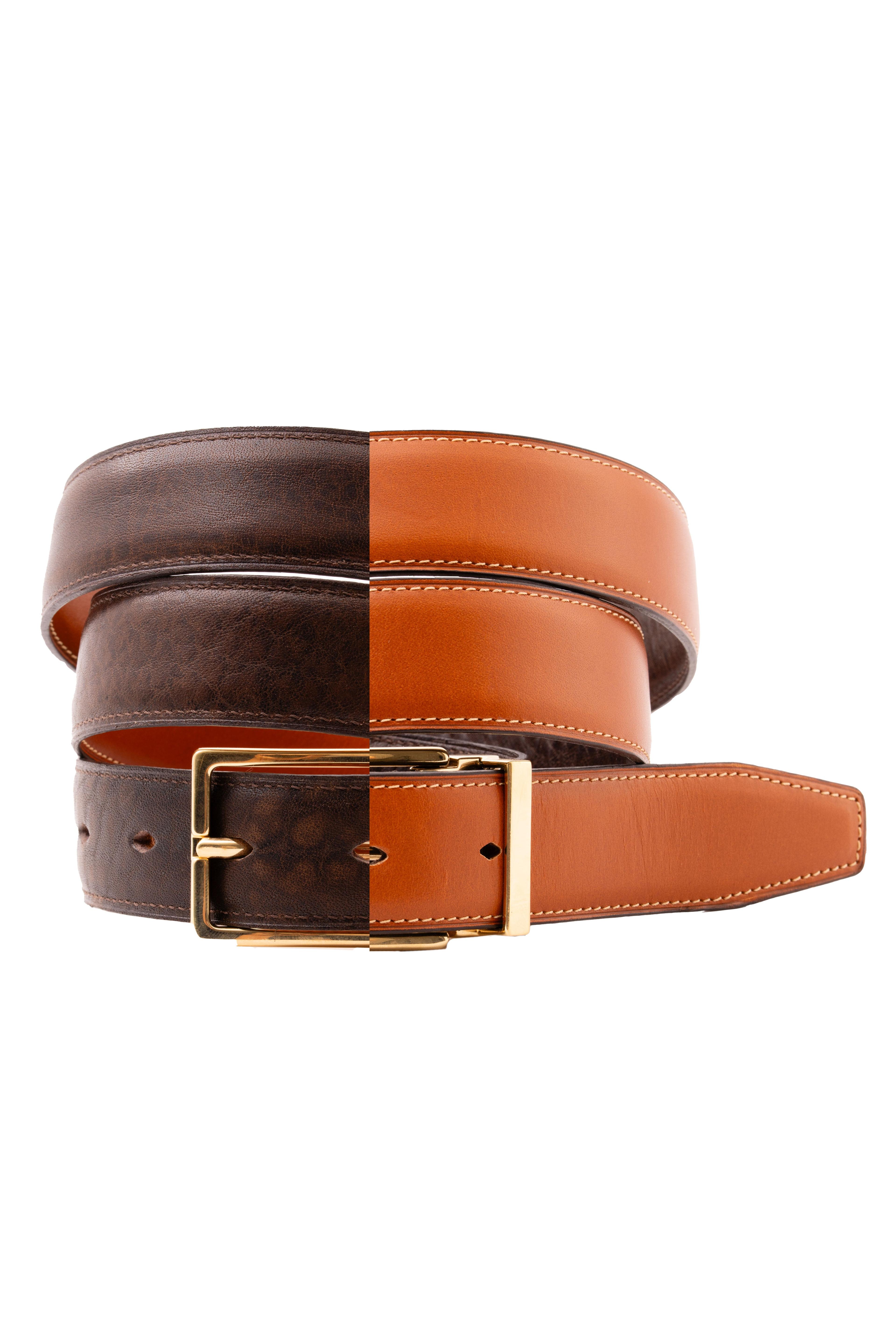 Dark Brown Natural Veg & Cognac Tan Reversible Leather Belt