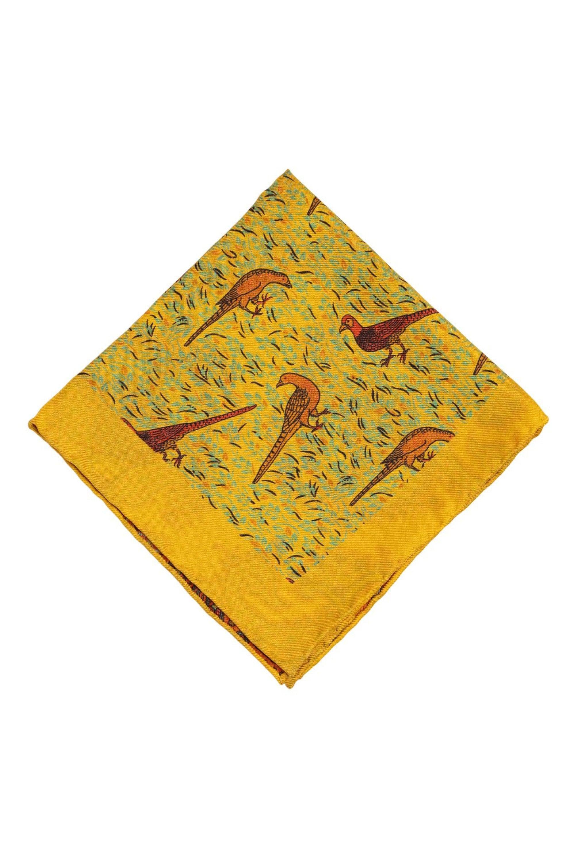 Yellow Reversible Pheasant & Paisley Silk Pocket Square