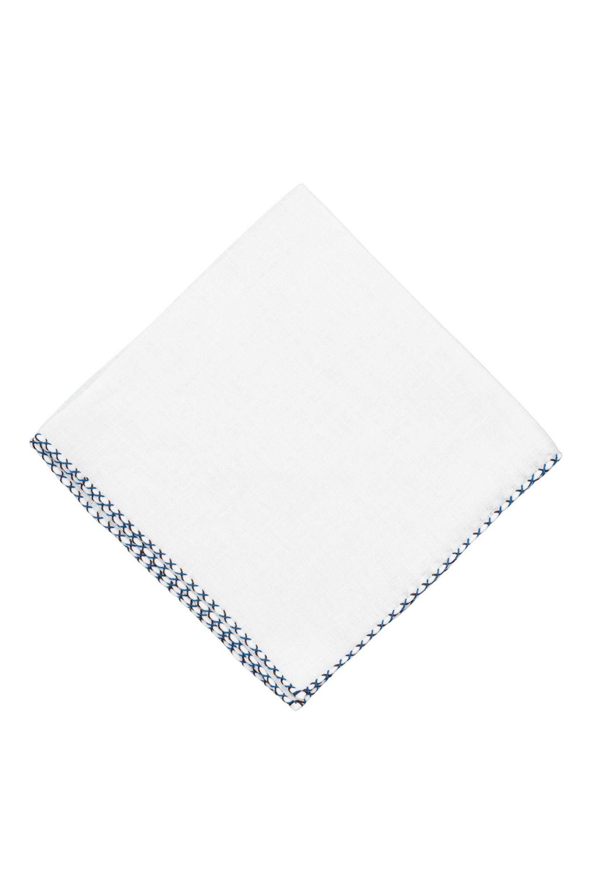 Brown & Bright Blue X-Stitch Edge White Linen Pocket Square