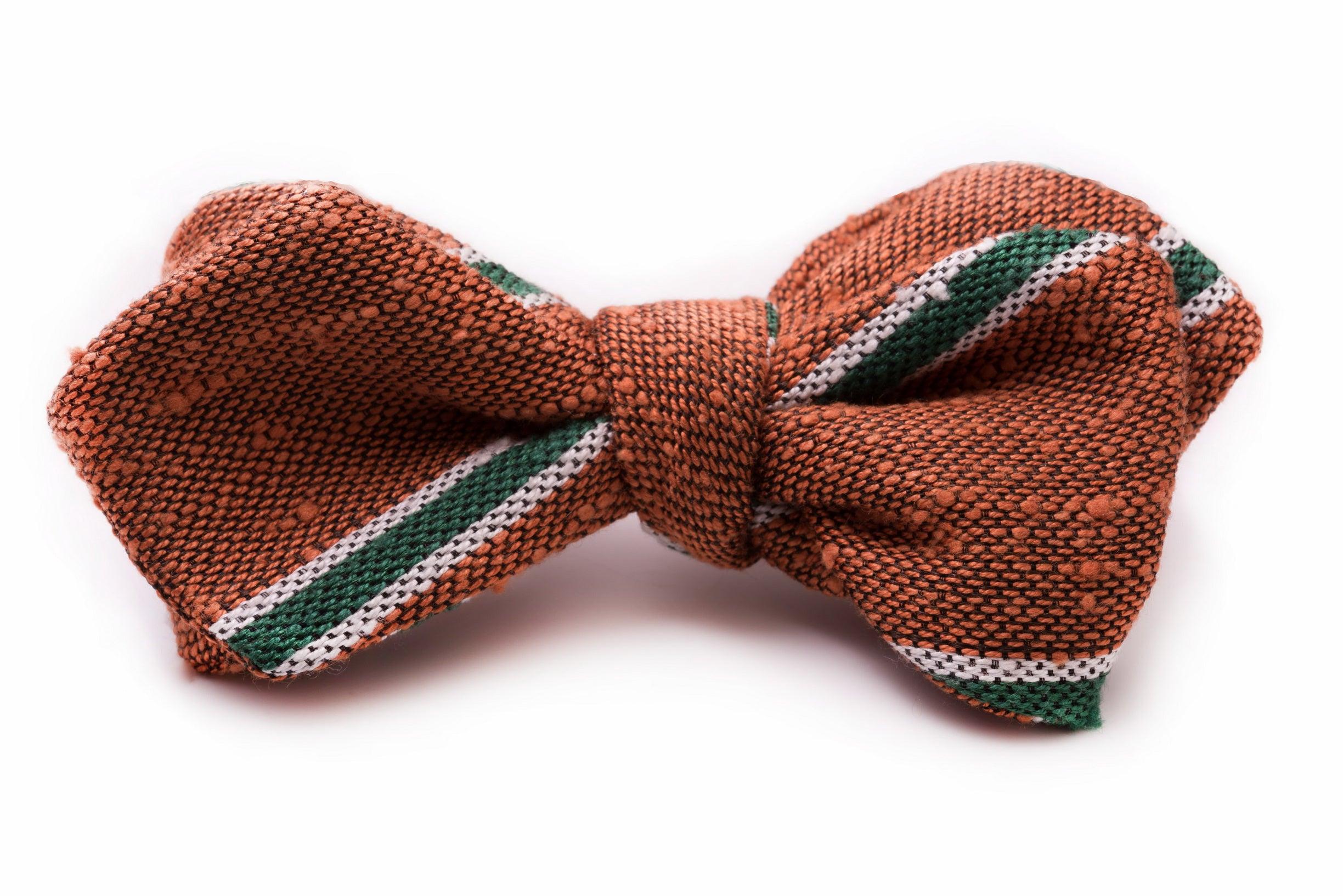 Orange, Green & Cream Striped Shantung Silk Bow Tie