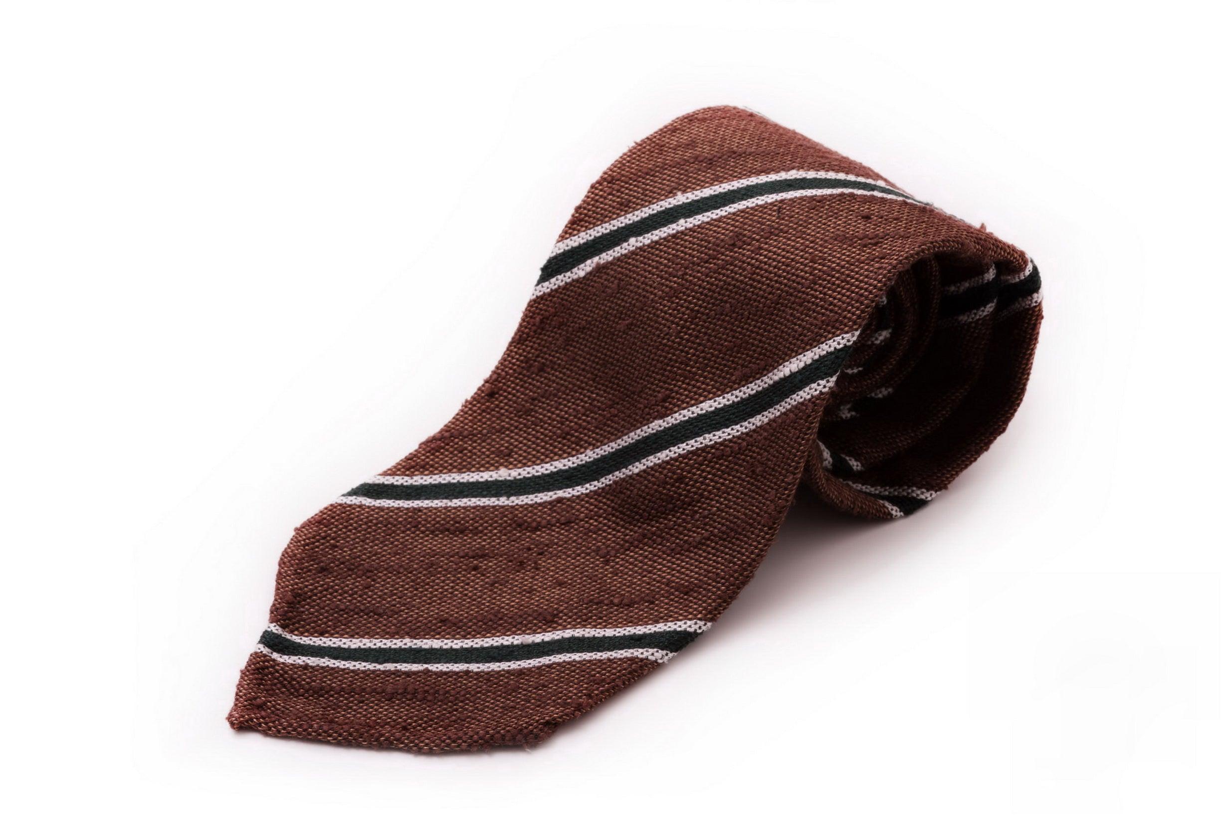Brown & Green Striped Shantung Silk Tie
