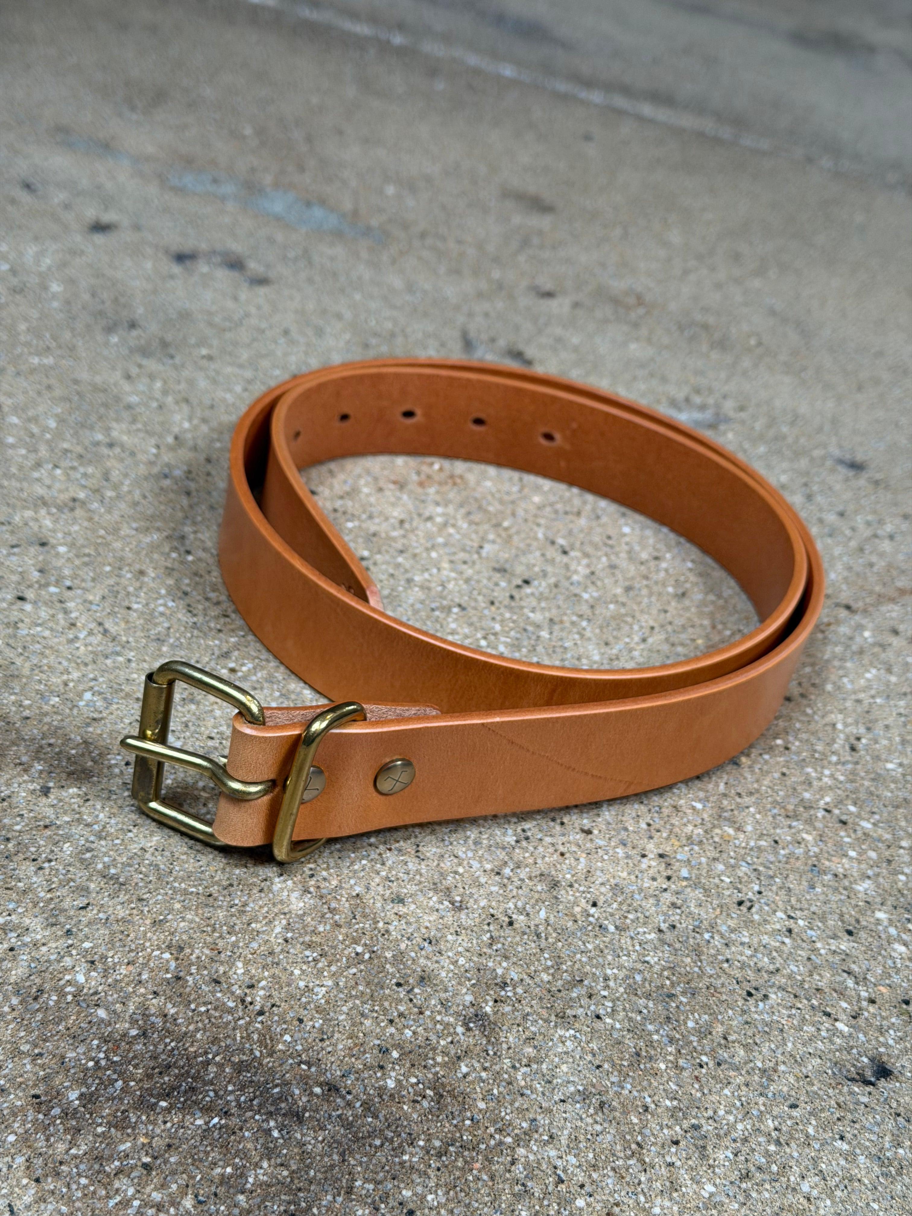 Single Prong Brass Roller Buckle Leather Belt Natural