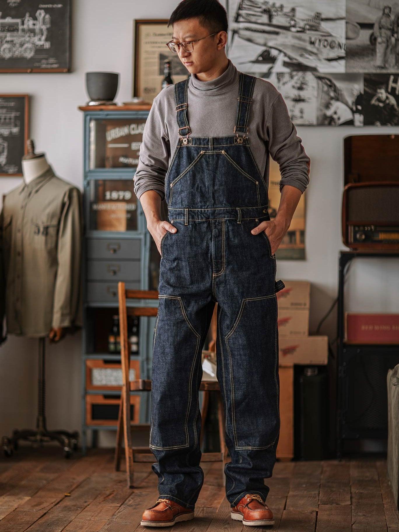 Men’s 15.5 oz Raw Denim Sailor Bib Overalls – Red Selvedge Double Knee Work Pants