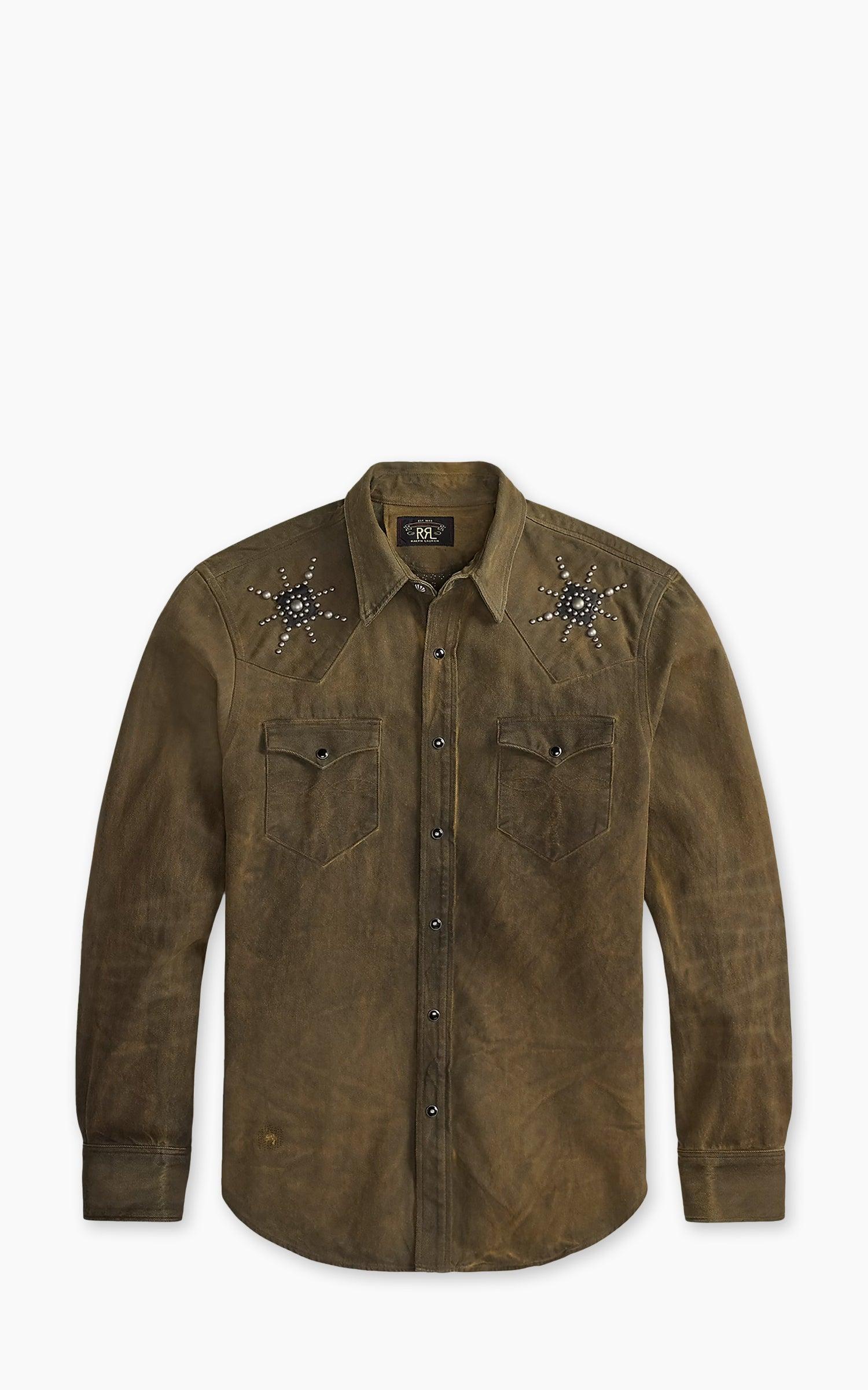 Slim Fit Studded Denim Western Shirt Distressed Brown Wash