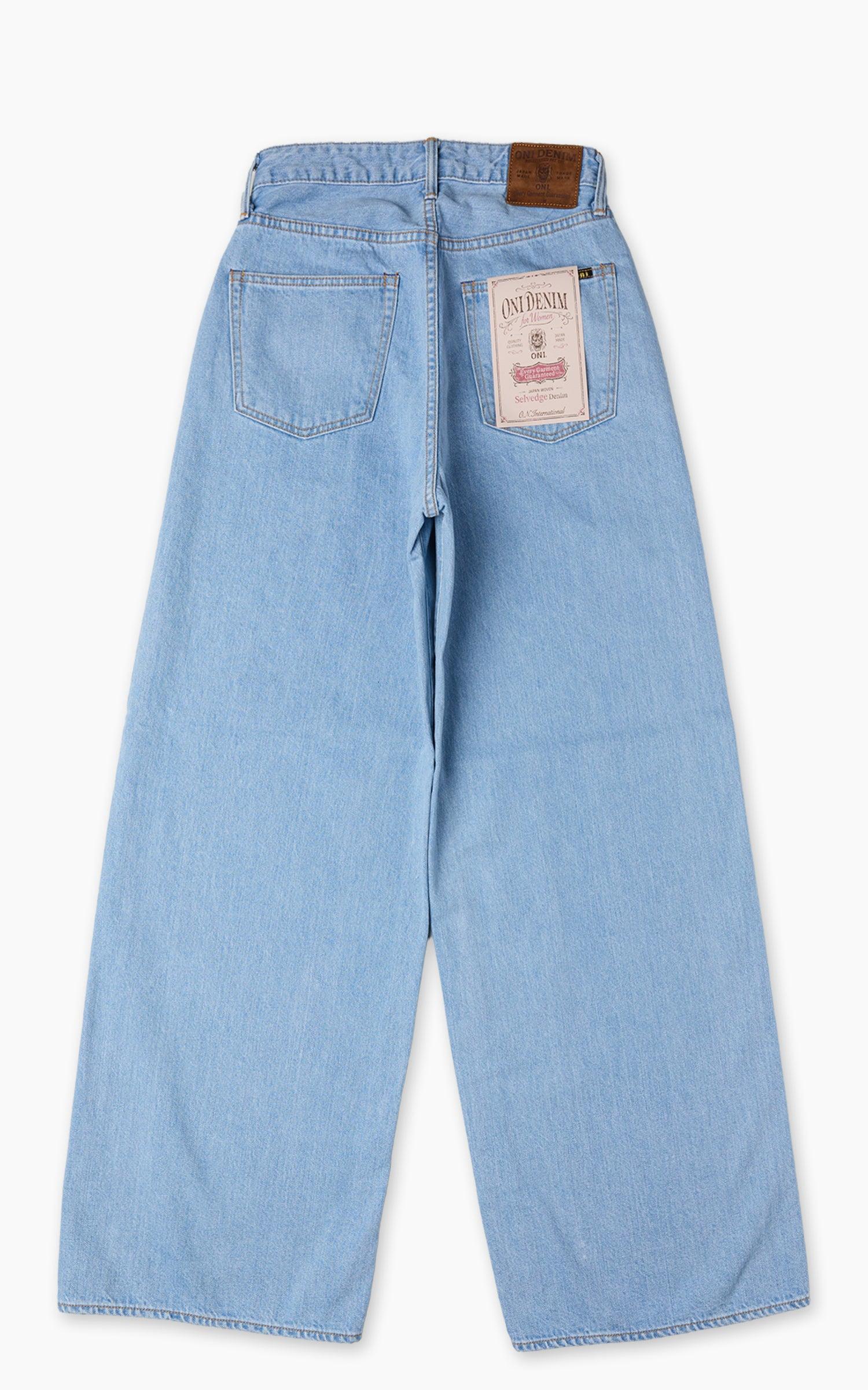 L722-12Z Bio Stone Bleach Ladies Super Wide Straight Selvedge Denim Indigo 12oz
