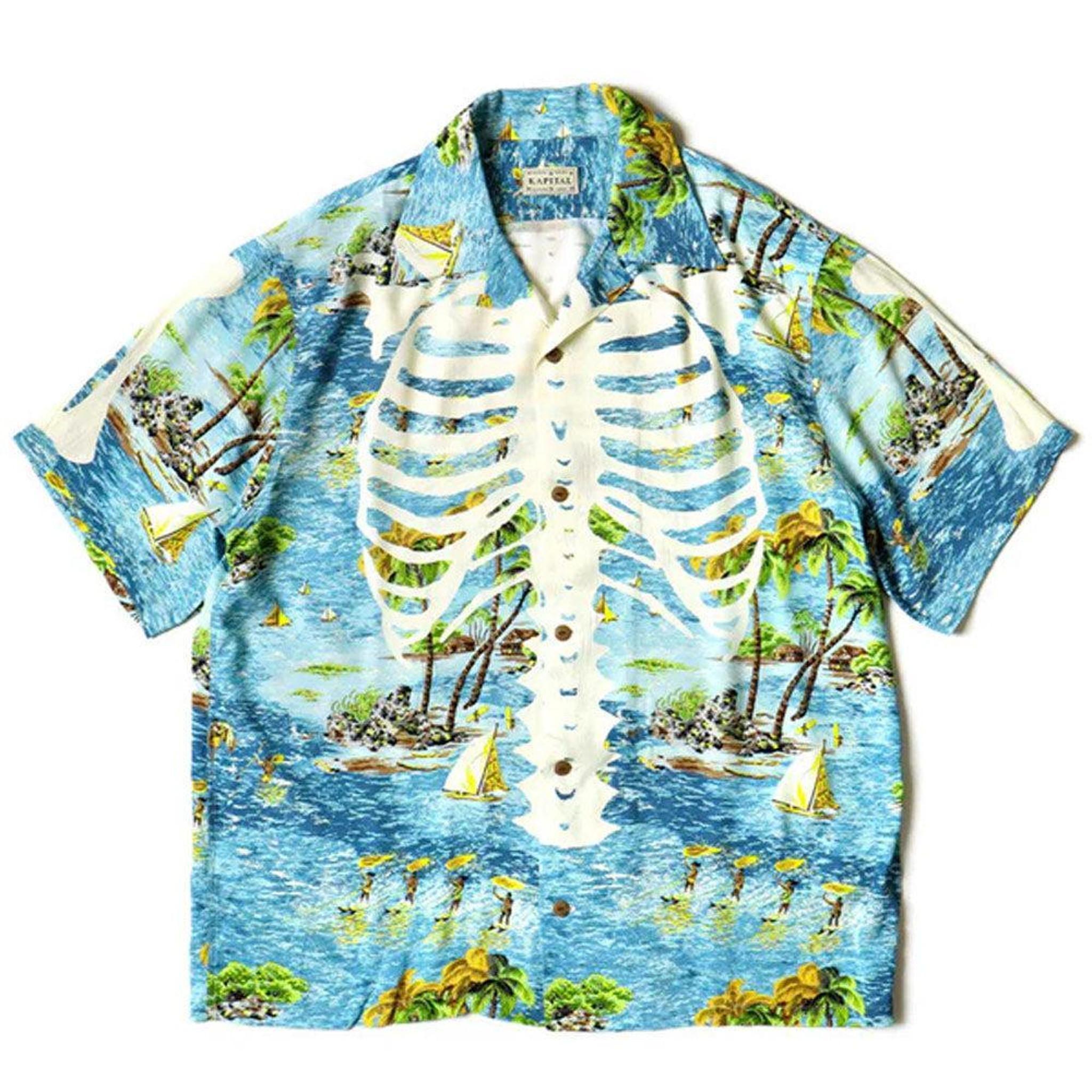 Rayon Kamekameha Bone Aloha Shirt 'Blue'