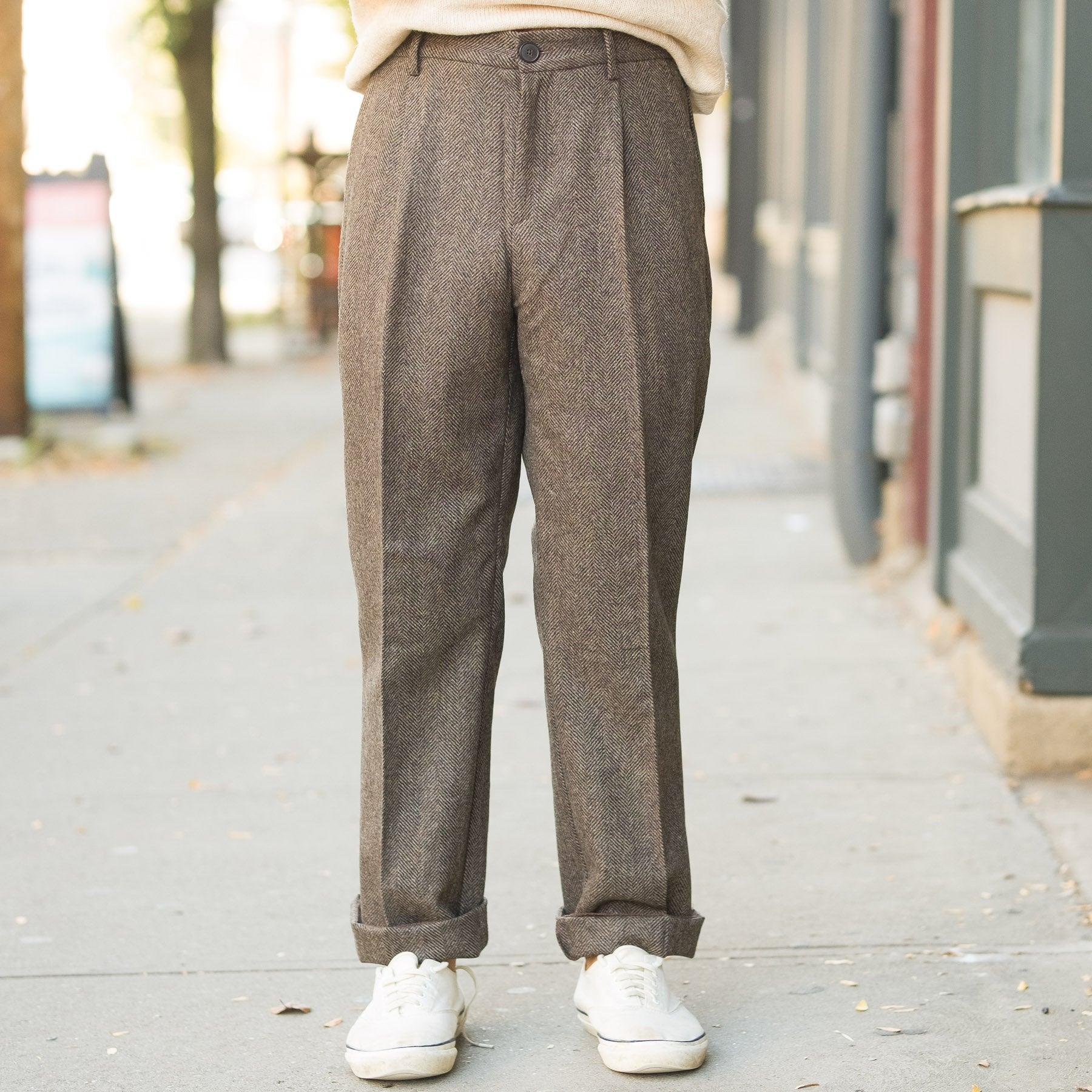 Herringbone Single Pleat Trouser in Brown