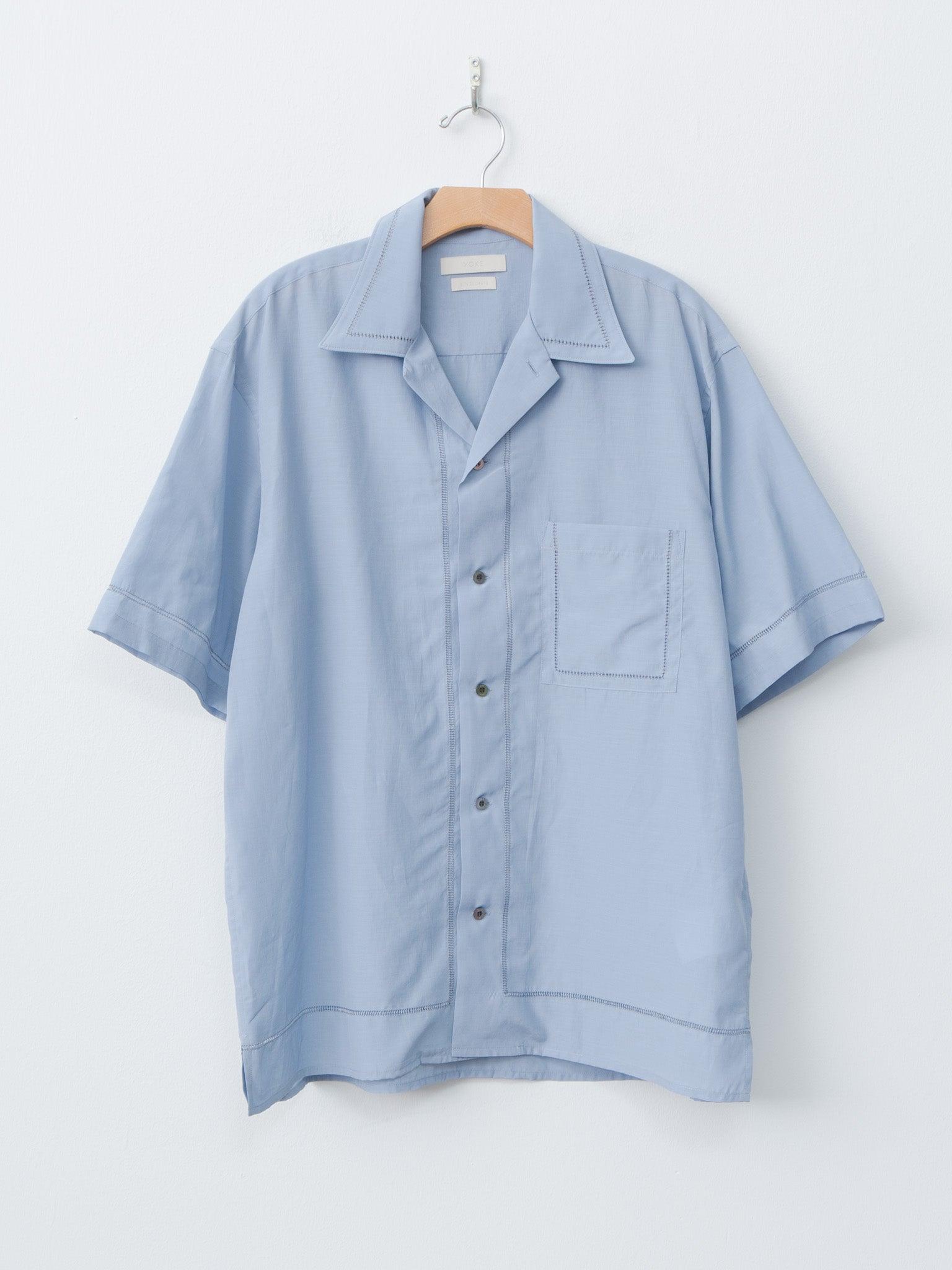 Embroidery Open Collar Shirt - Sax Blue
