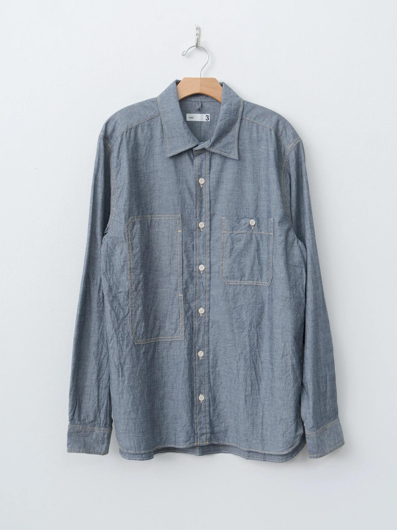 Indigo Cotton Chambray Asymmetric Pocket Work Shirt - Navy