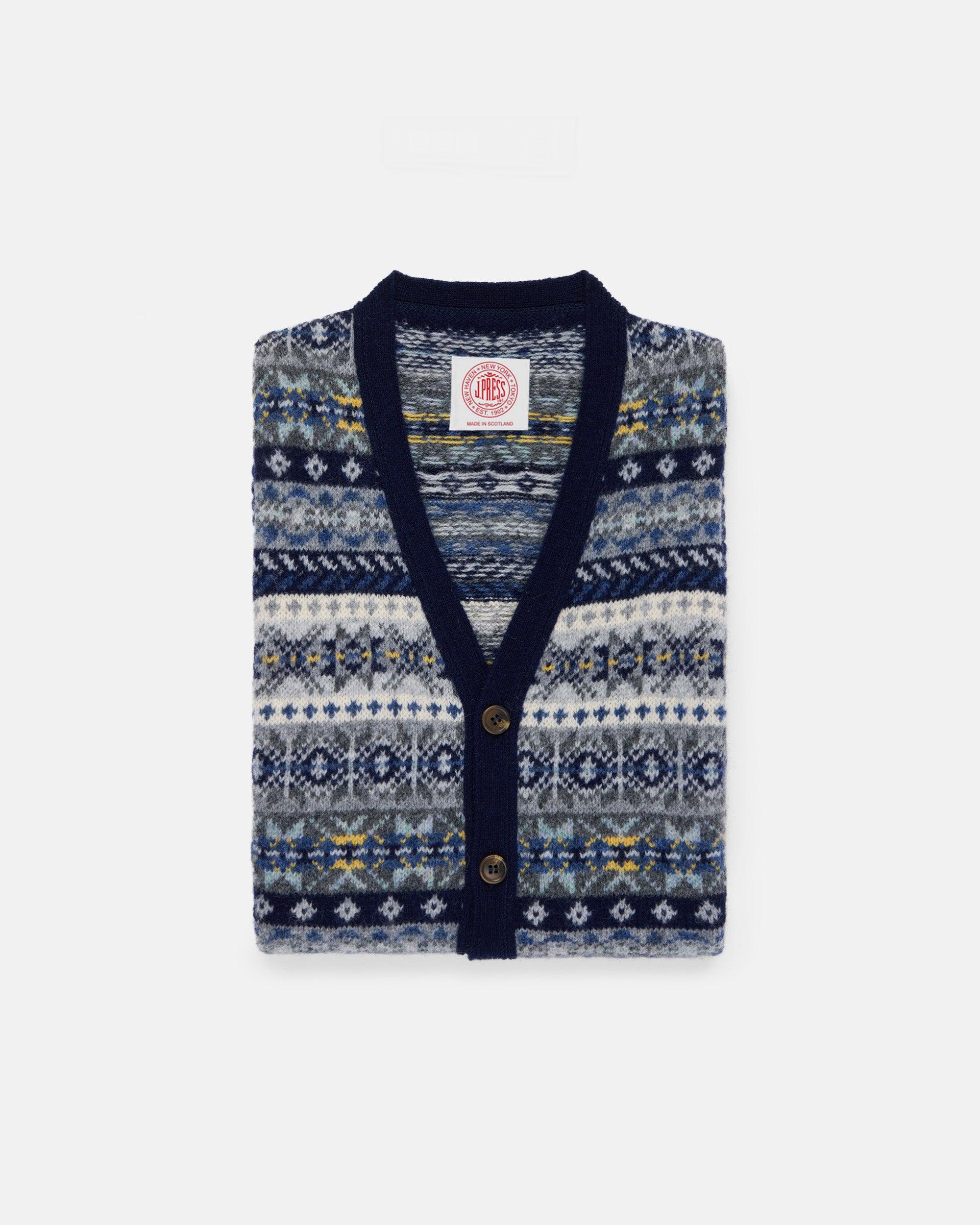 Made-in-Scotland Navy Fair Isle Cardigan Vest - Trim Fit