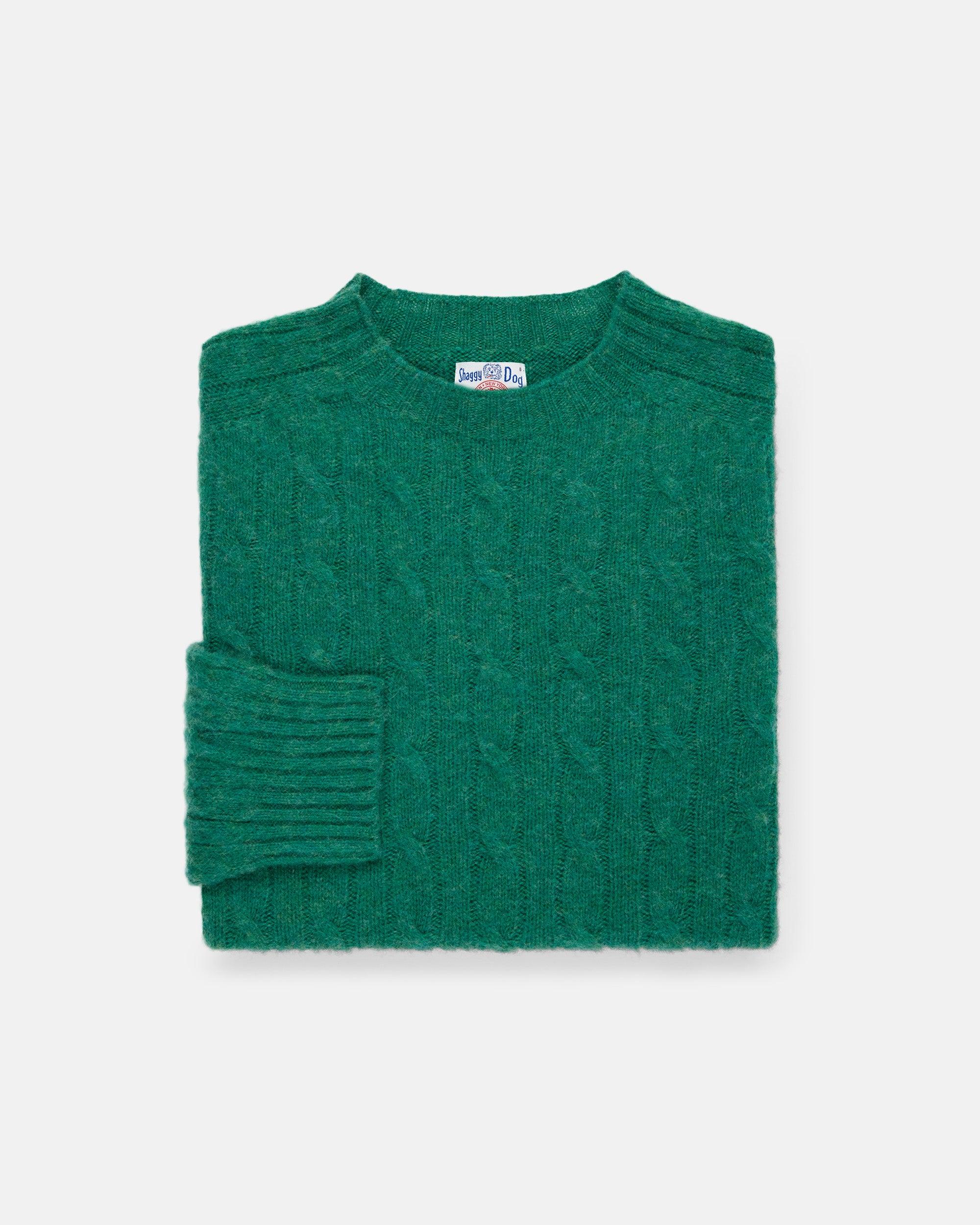 Made-in-Scotland Kelly Green Shaggy Dog Cable Knit Sweater  - Classic Fit
