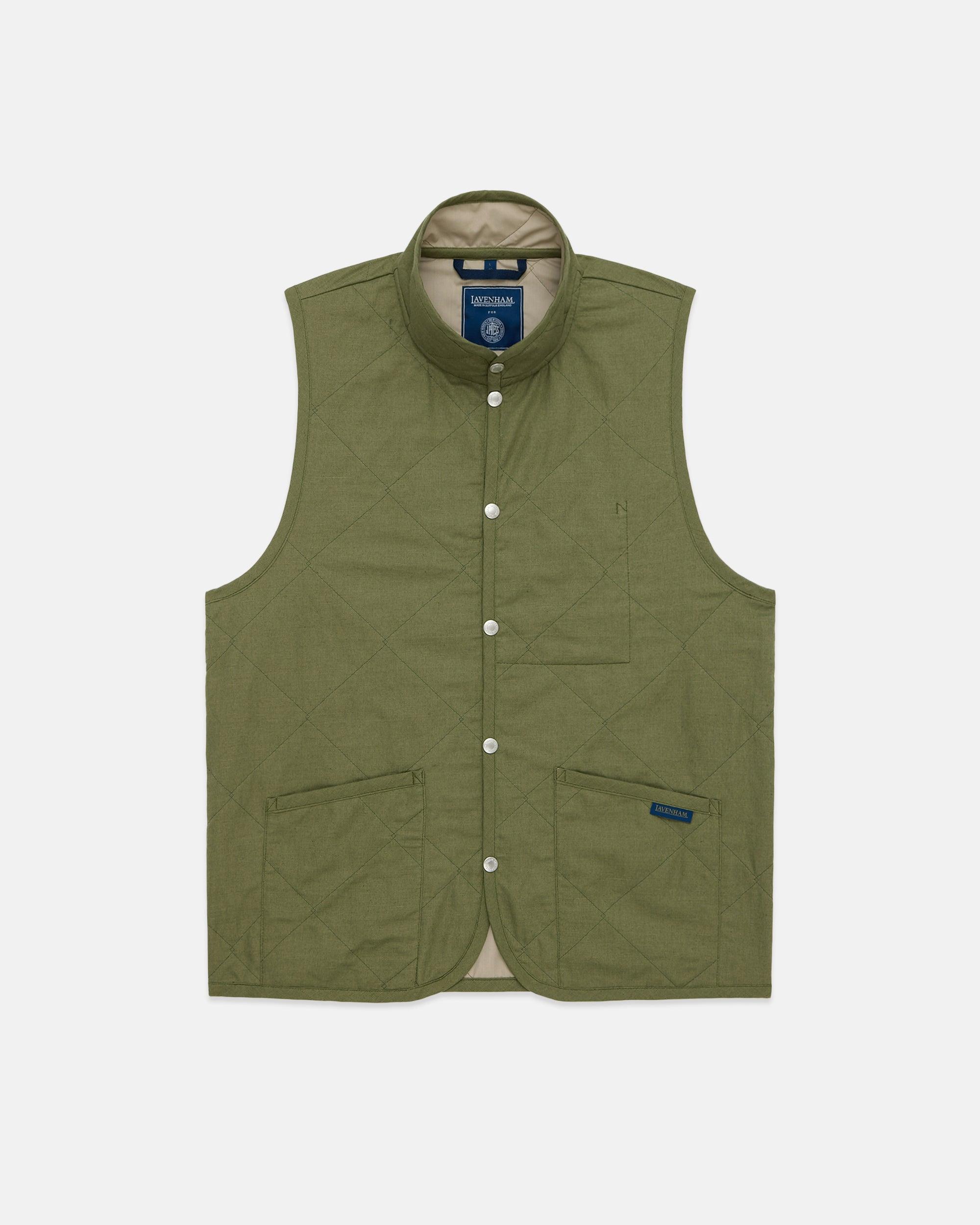 Made-in-England Lavenham Khaki Mickfield Linen/Cotton Quilted Gilet