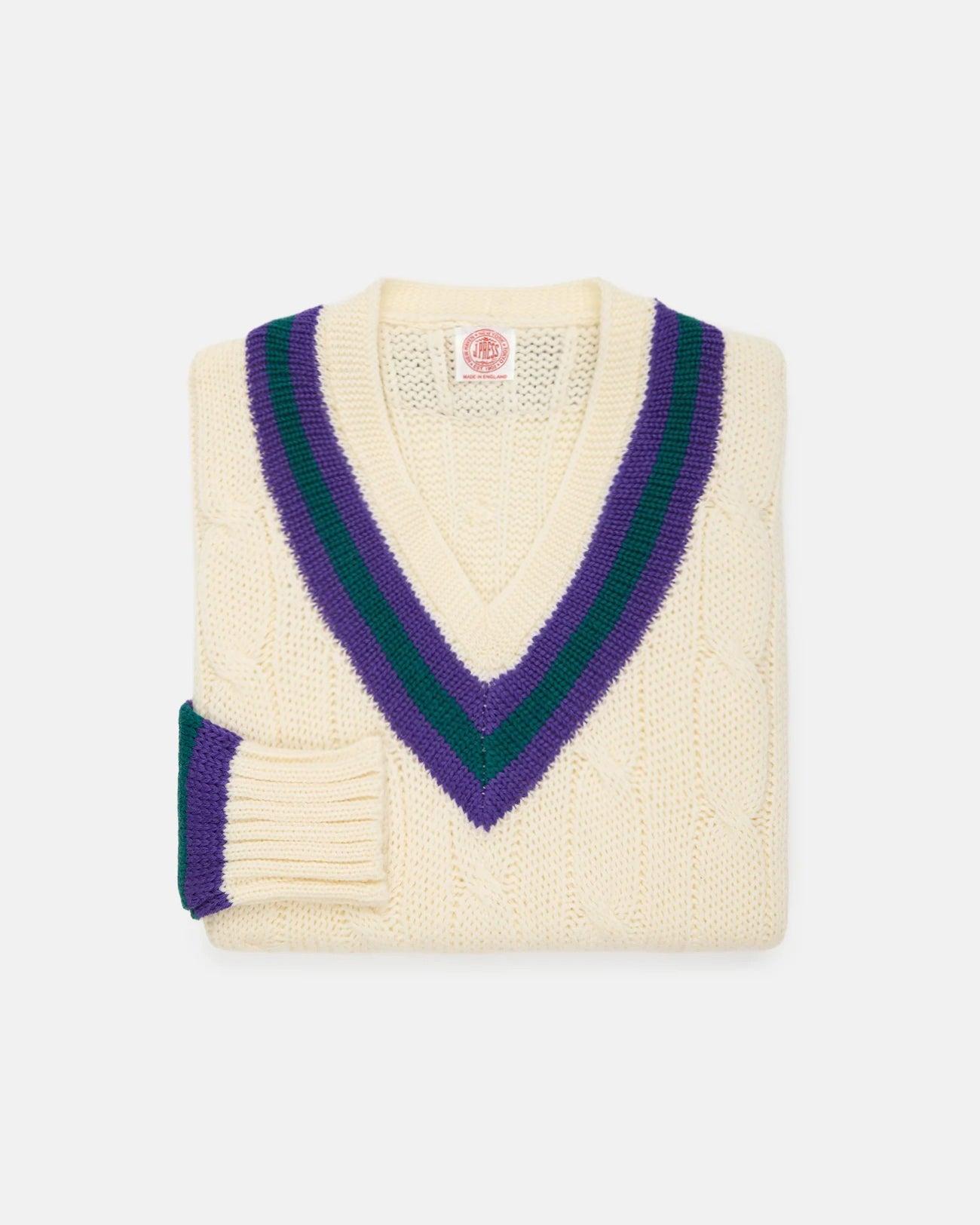 Made-in-England Purple & Green Cable Knit Wool Cricket Sweater