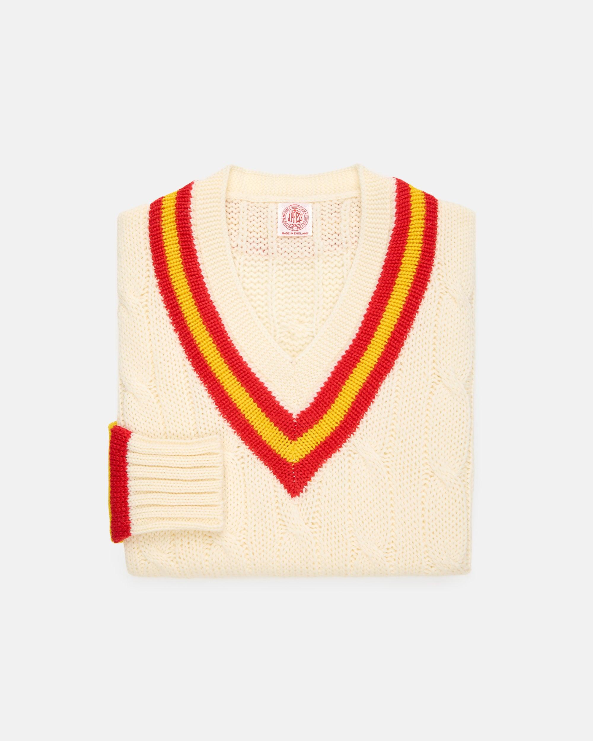 Made-in-England Red & Yellow Cable Knit Wool Cricket Sweater