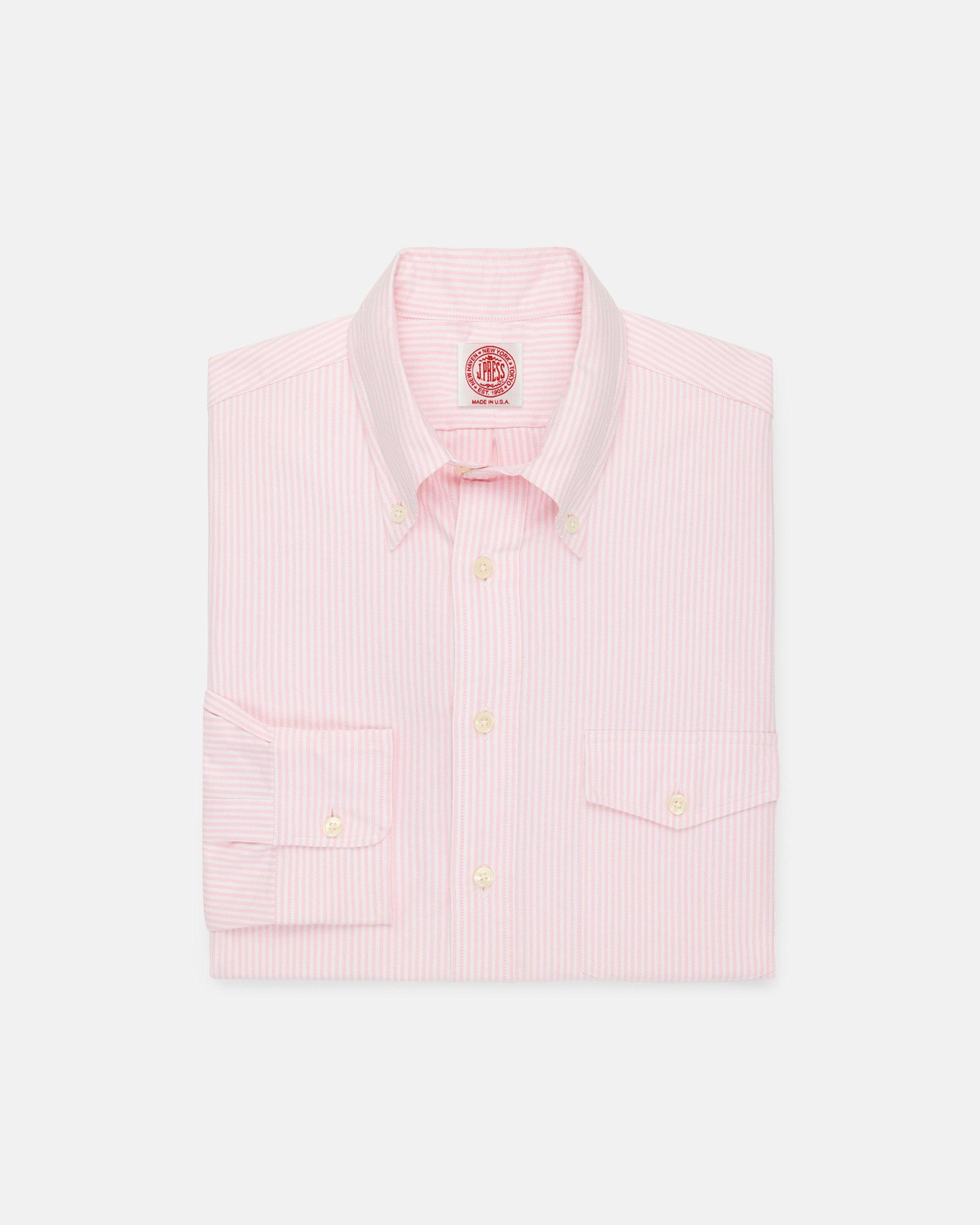 Made-in-USA Flap Pocket Pink University Stripe Oxford Cloth Button Down Sportshirt - Classic Fit
