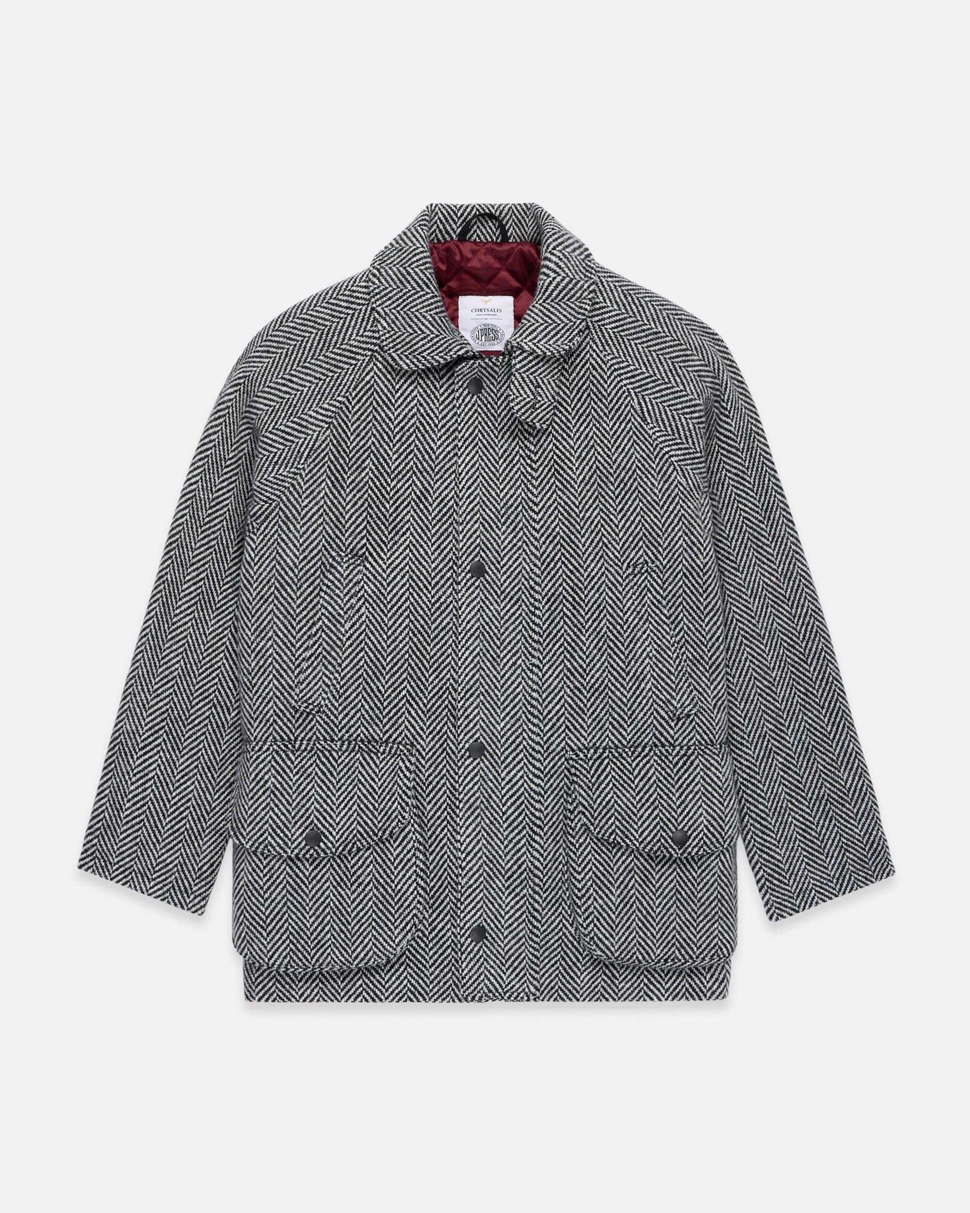 Made-in-UK Black & White Herringbone Tweed Field Coat