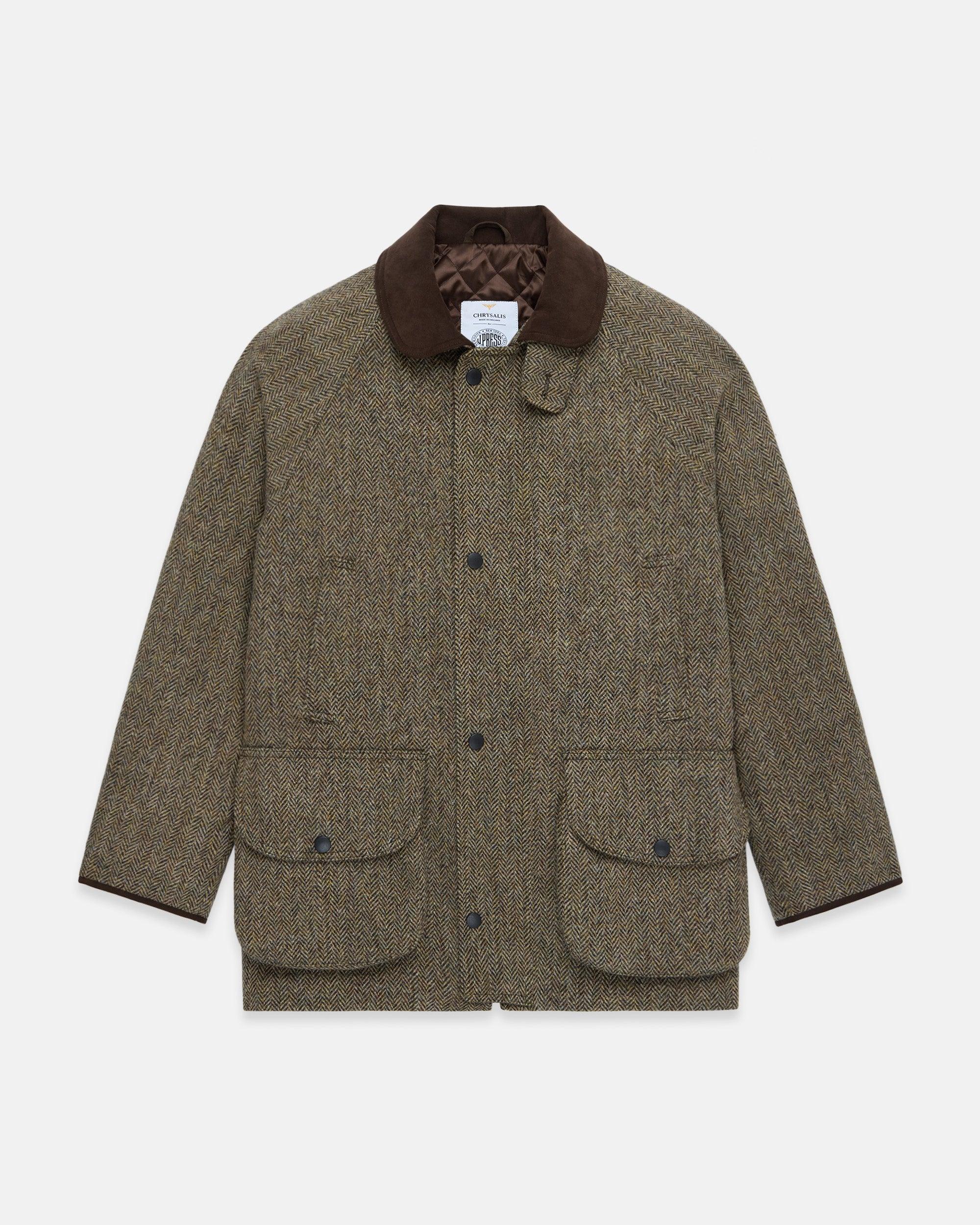 Made-in-UK Olive & Tan Herringbone Harris Tweed Field Coat