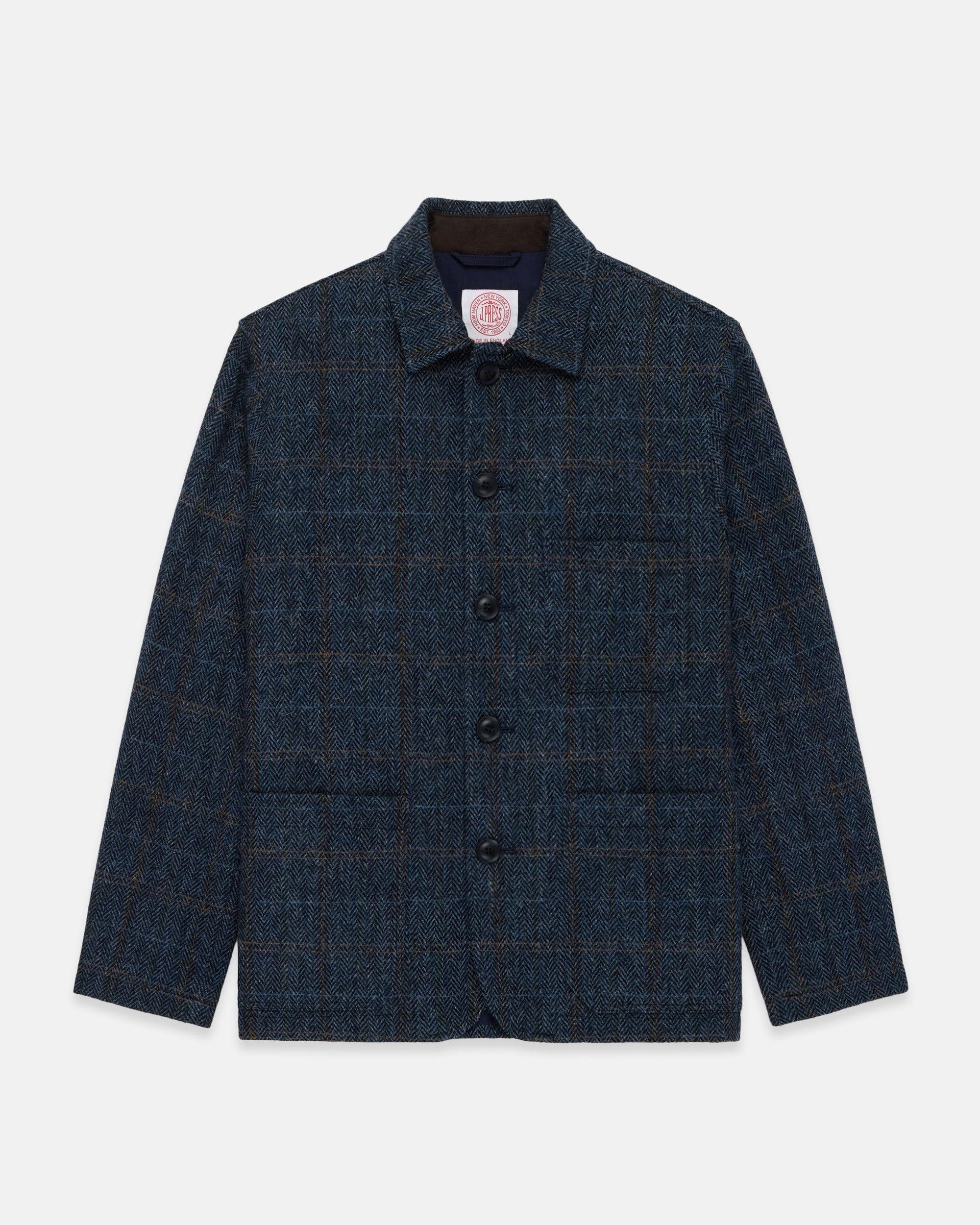 Made-in-England Blue Herringbone Harris Tweed Chore Jacket