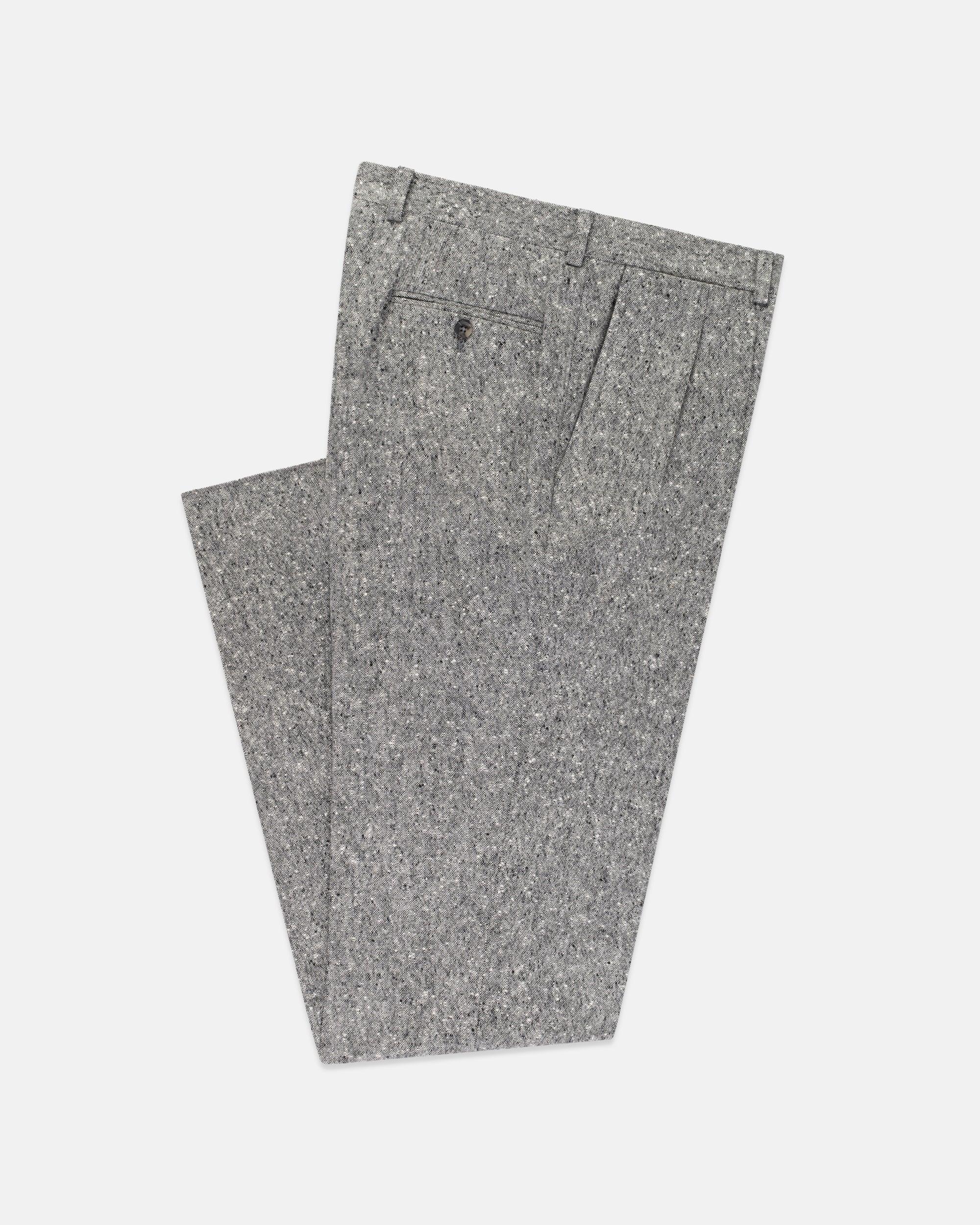 Made-in-Canada Black & White Pleated Donegal Tweed Trousers