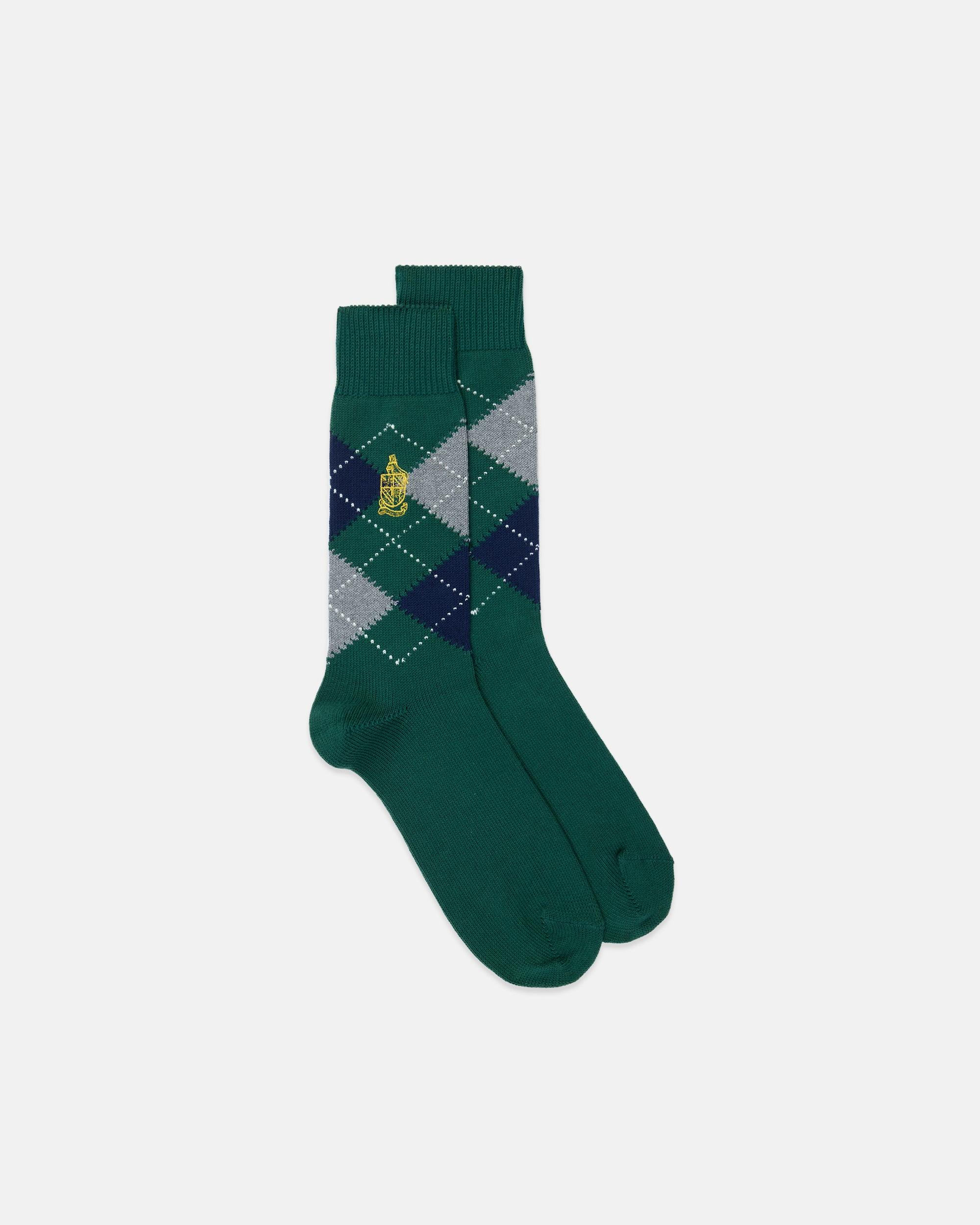 Made-in-England Green Argyle Crested Cotton Socks