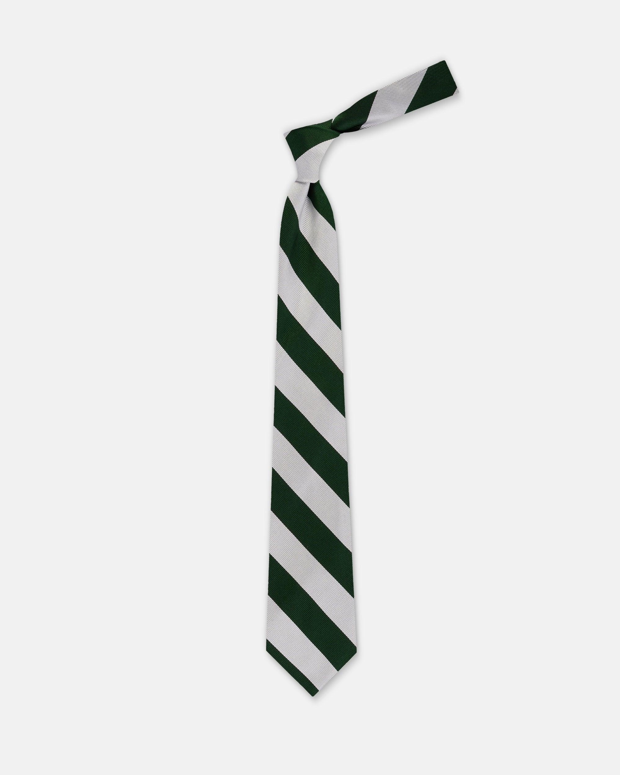 Made-in-USA Dark Green & Silver Guard Stripe Silk Repp Tie