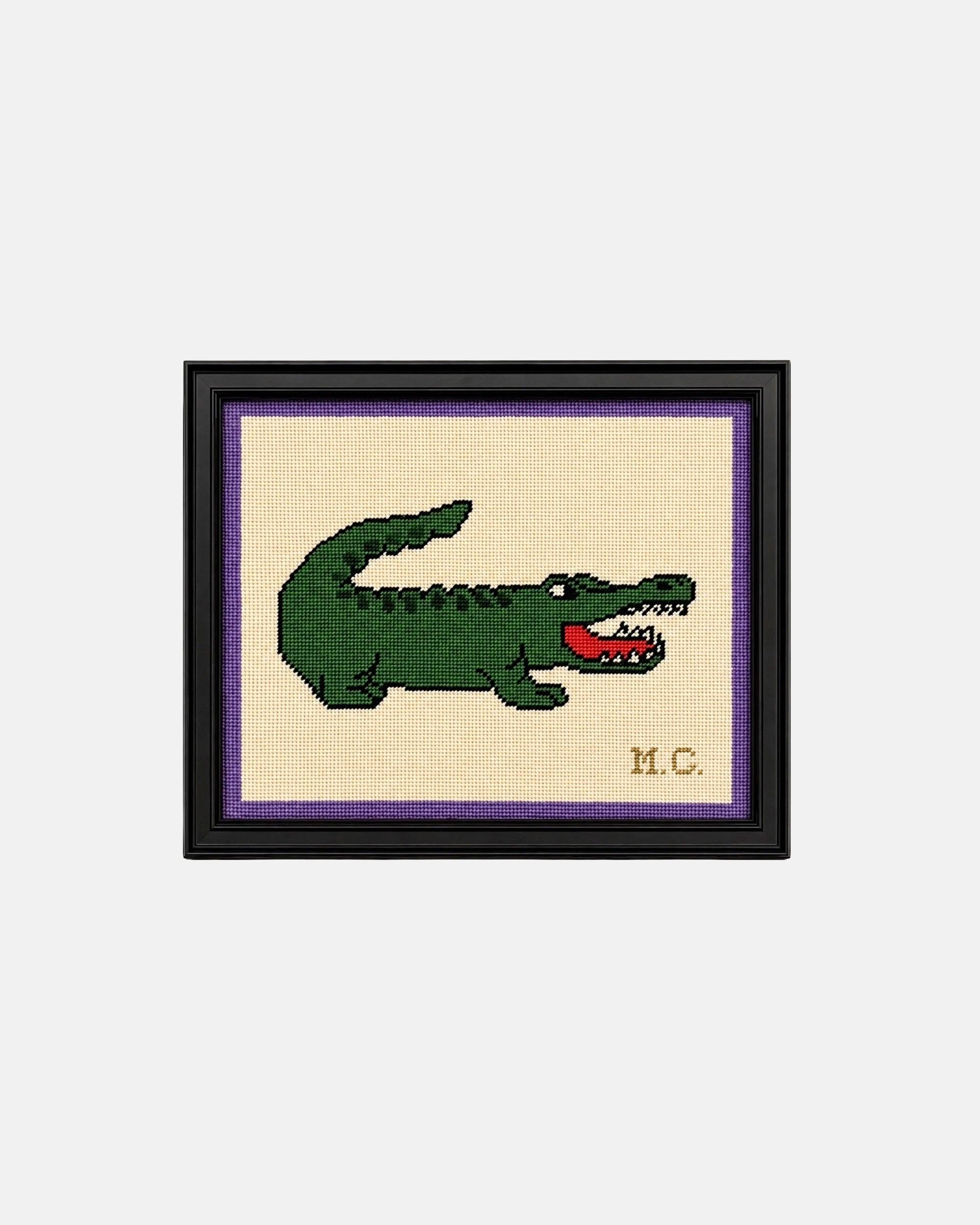 Vintage Preppy Alligator Framed Needlepoint Art 9.5 x 11.5 in.
