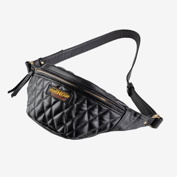 IHE-45-BLK Iron Heart Diamond Stitched Leather Waist Bag - Black