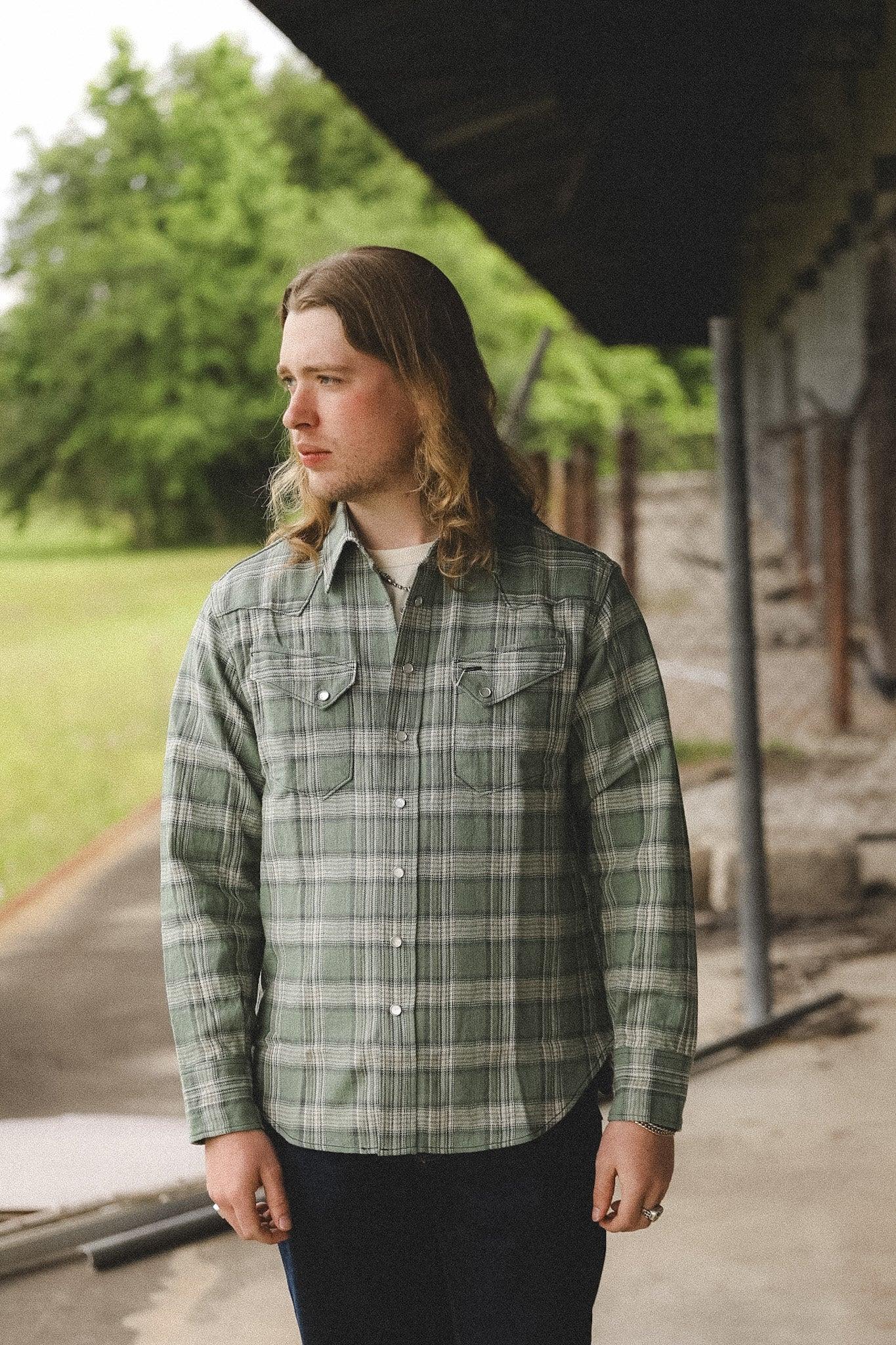 SC29687 Sugar Cane Herringbone Check Western Shirt- Green