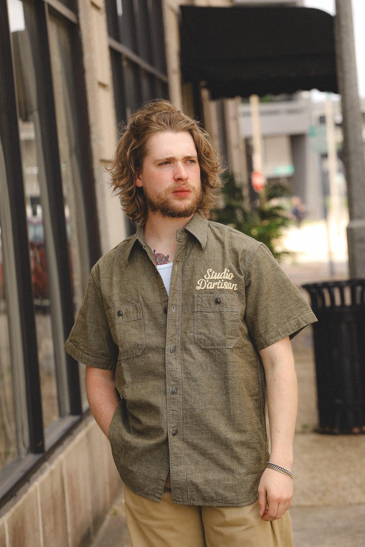Embroidered Chambray Short Sleeve Shirt - Olive (5723S)
