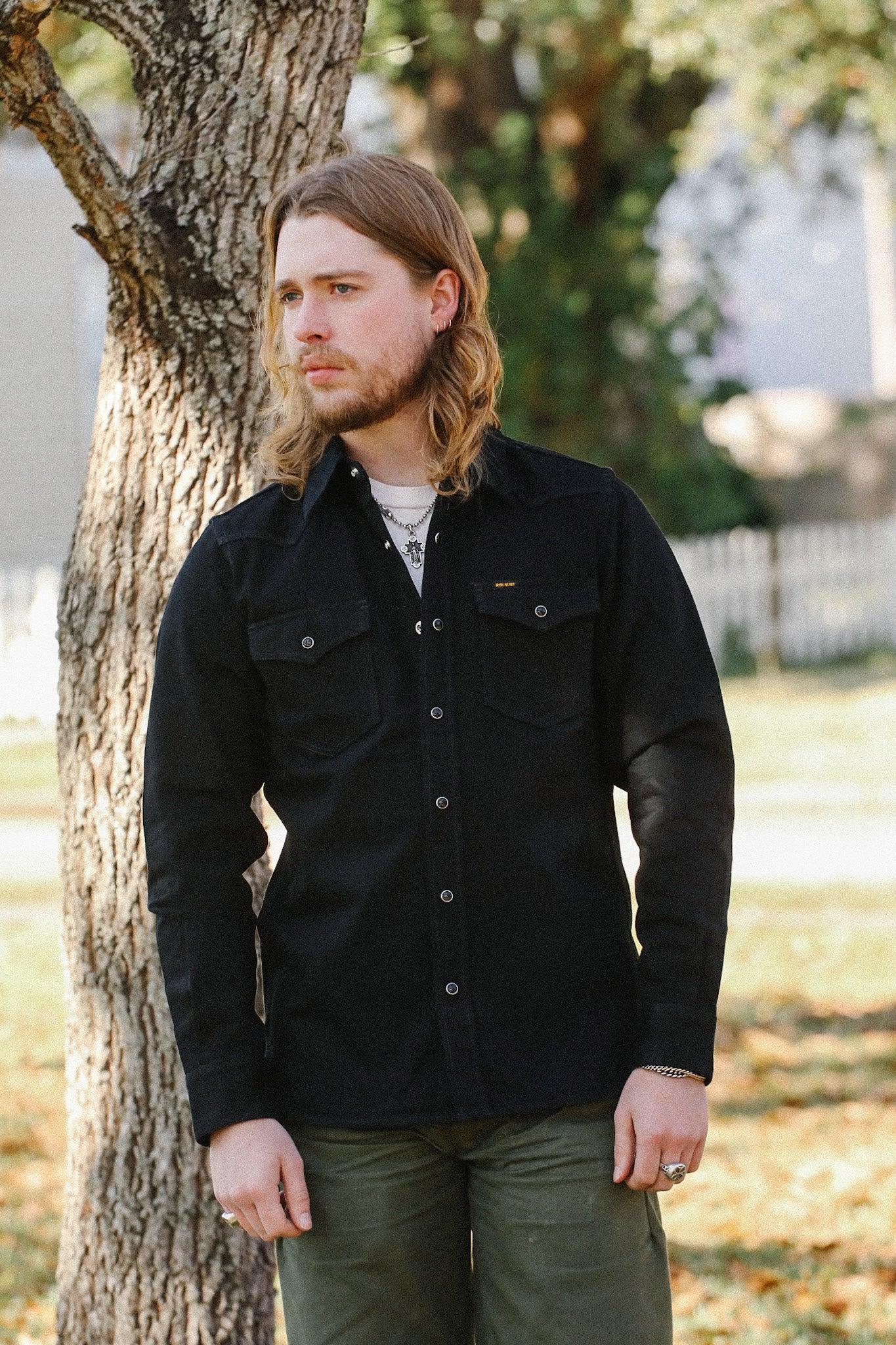 IHSH-218-BLK 12oz Selvedge Denim Western Shirt "The Johnny Cash III" - Black