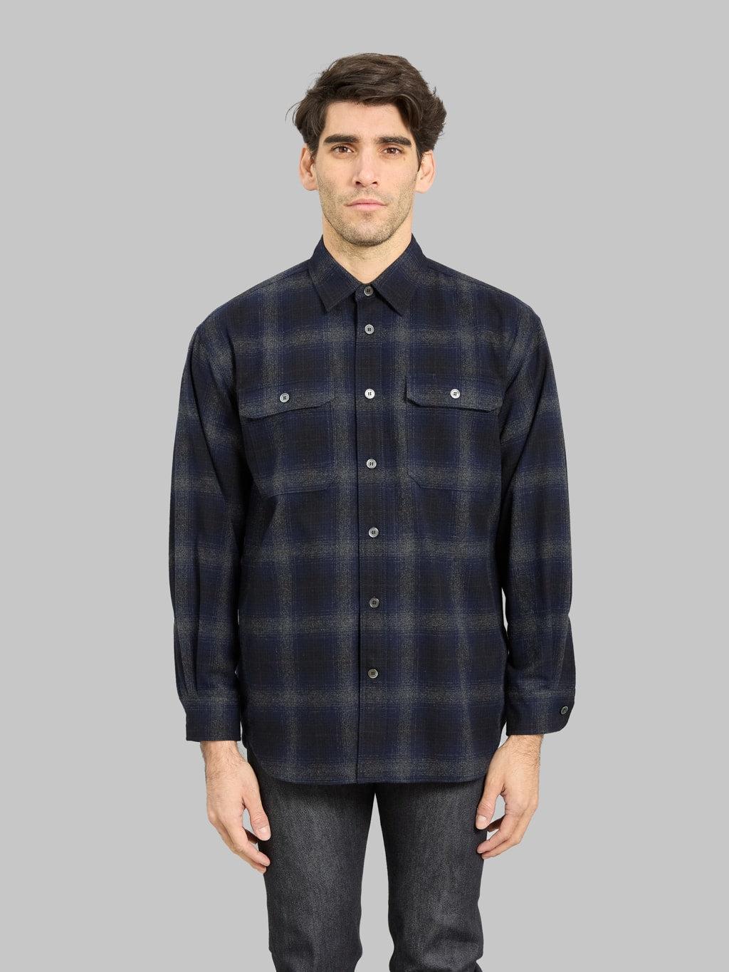 MMLS6001 Wool × Cashmere Ombre Check Shirt Navy